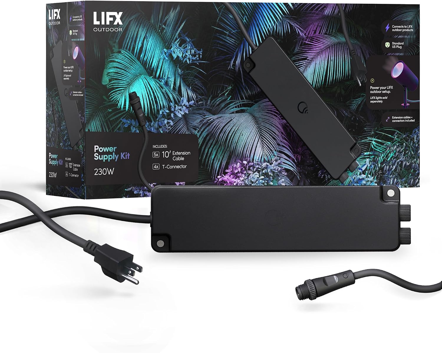 LIFX Outdoor Landscape Low Voltage Plug-in Power Supply Kit, Dual Output, Supports Up to 8 Path or Spot Lights, Weatherproof Cabling, Includes 10 ft Extension Cable & T-Connectors, LFX/PSUKIT/WP
