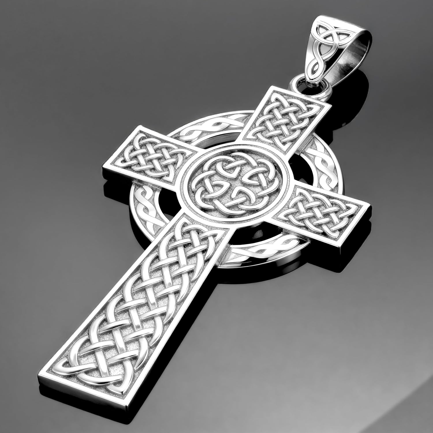 US Jewels Men's 925 Sterling Silver 43mm High Polished Irish Celtic Knot Cross Religious Pendant Necklace, 22in to 26in