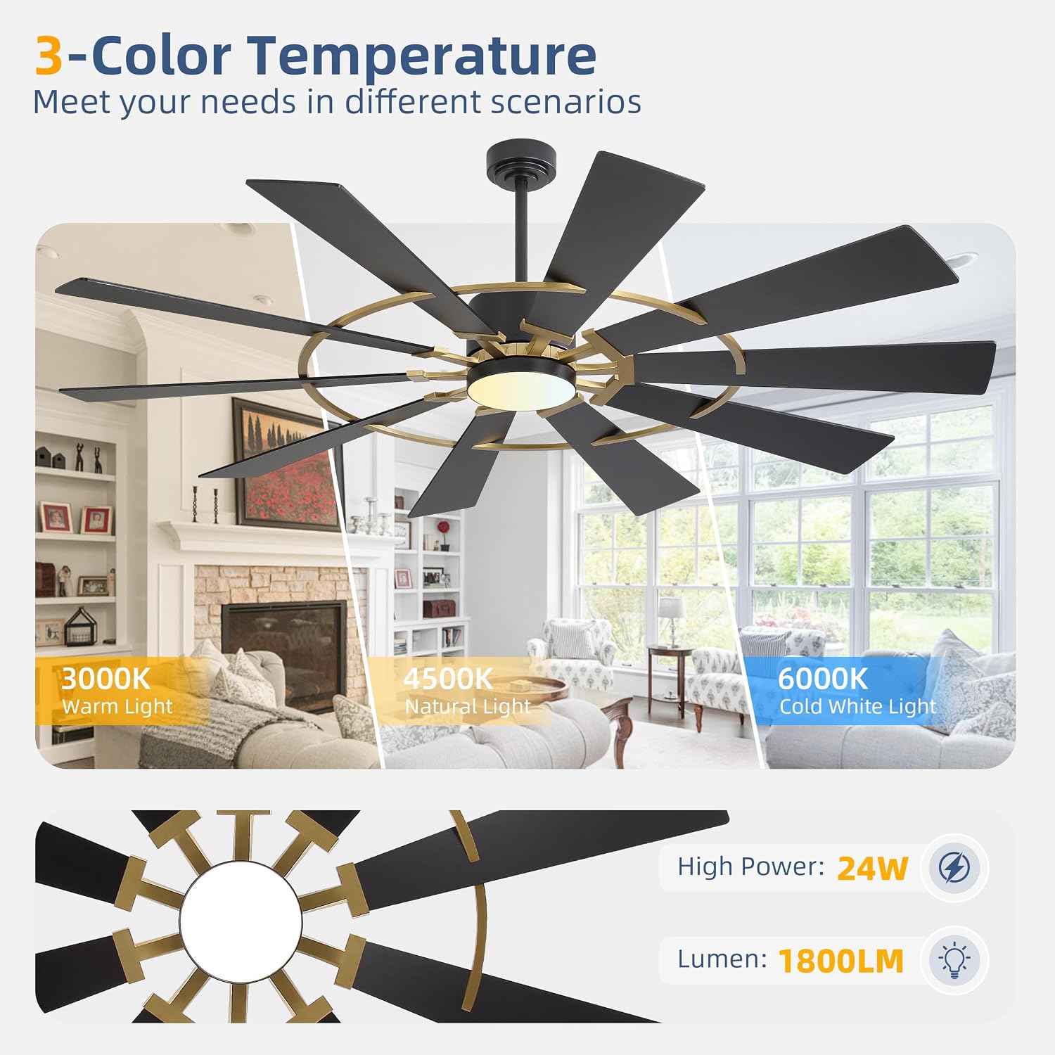 WINGBO 72' Windmill Ceiling Fan with Lights, 3 Downrod, 6-Speed Reversible DC Motor, 3CCT, 10 Blade Indoor Farmhouse DC Ceiling Fans for Kitchen Bedroom Living Room Patio, Aged Brass and Black
