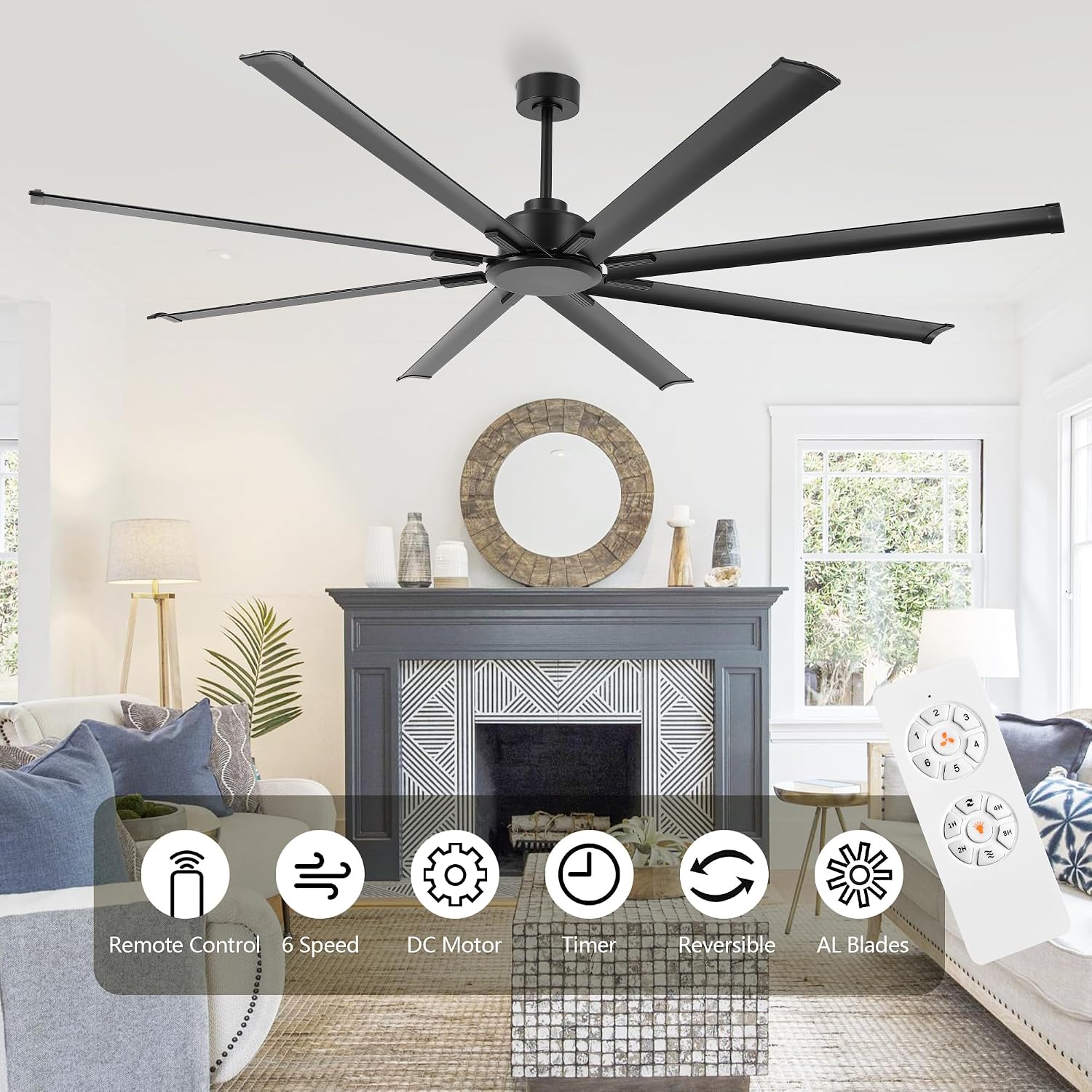LEDLUX 84' Ceiling Fan No Light, Reversible DC Motor, 6 Speed Remote Control, Industrial 8 Aluminum Blades with 3 Downrods for Home or Commercial, Living Room/Warehouse Black