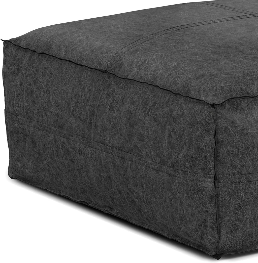 SIMPLIHOME Brody Boho Square Pouf in Distressed Black Vegan Faux Leather for the Living Room, Bedroom and Kids Room