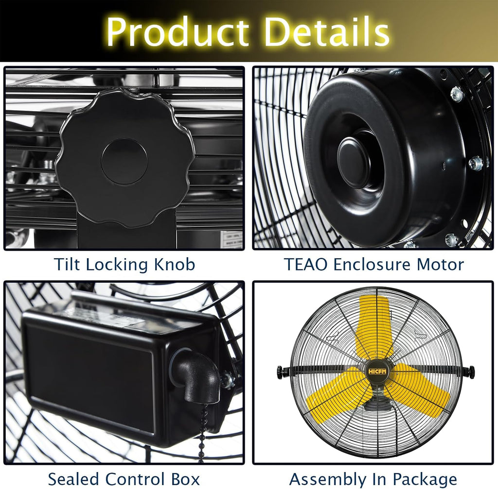 HiCFM 9100 CFM 24 inch Heavy Duty Industrial Wall Mounted Fan with TEAO Enclosure Motor, Permanent Lubricated Ball Bearing, 9 FT Cord, 180Degree Tilting, Safety Yellow Blade Wall Fan - UL Listed