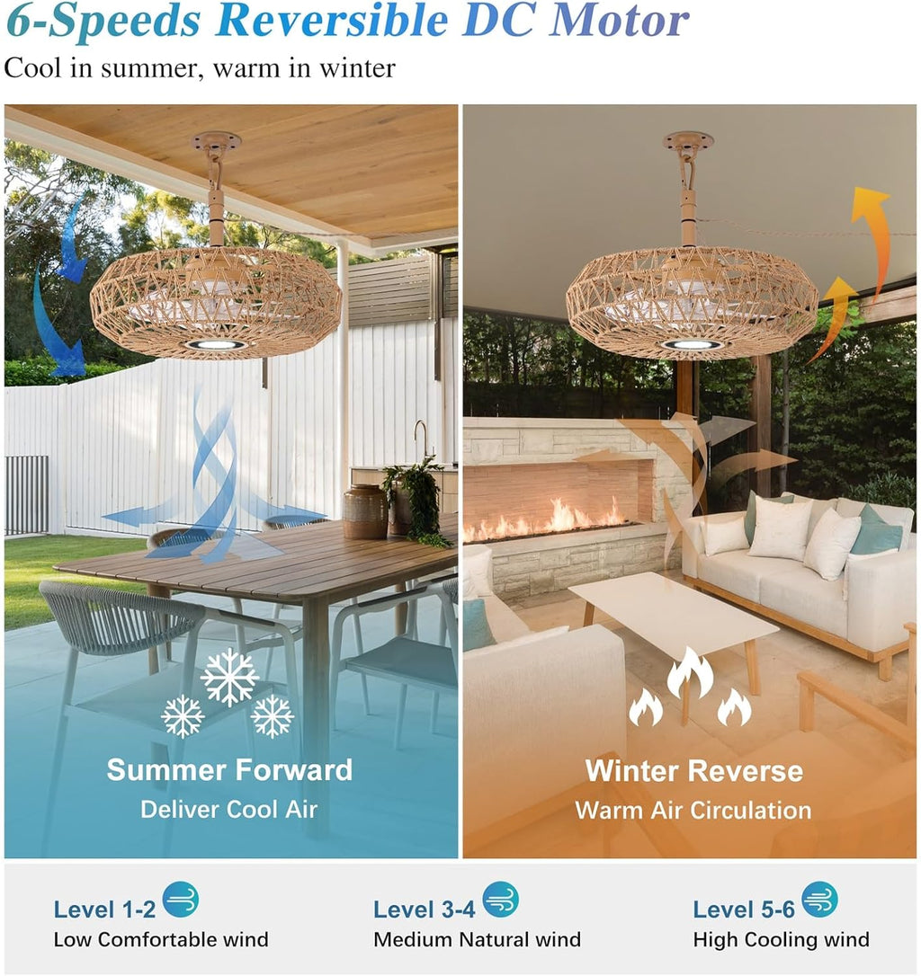 She's home 20'' Outdoor Gazebo Fan with Lights and Remote, Outside/Indoor Hanging Rattan Ceiling Fan, 3CCT Dimmable, 6-Speed DC Motor, Plug-in Wicker Woven Caged Ceiling Fans for Patio Pergola Porch