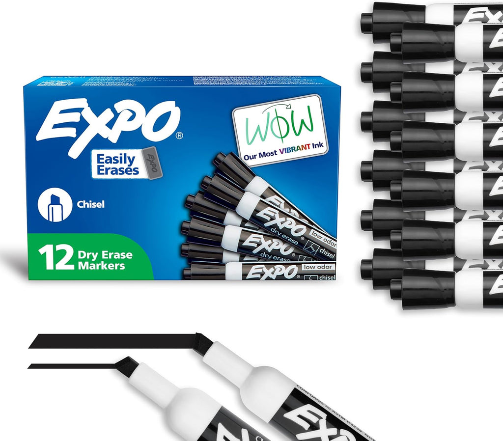 EXPO Dry Erase Markers, Low Odor Ink, Black, Chisel Tip, Whiteboard, Calendar, Organization, Essential Supplies for Office, School, Classroom, Teachers (Pack of 144)