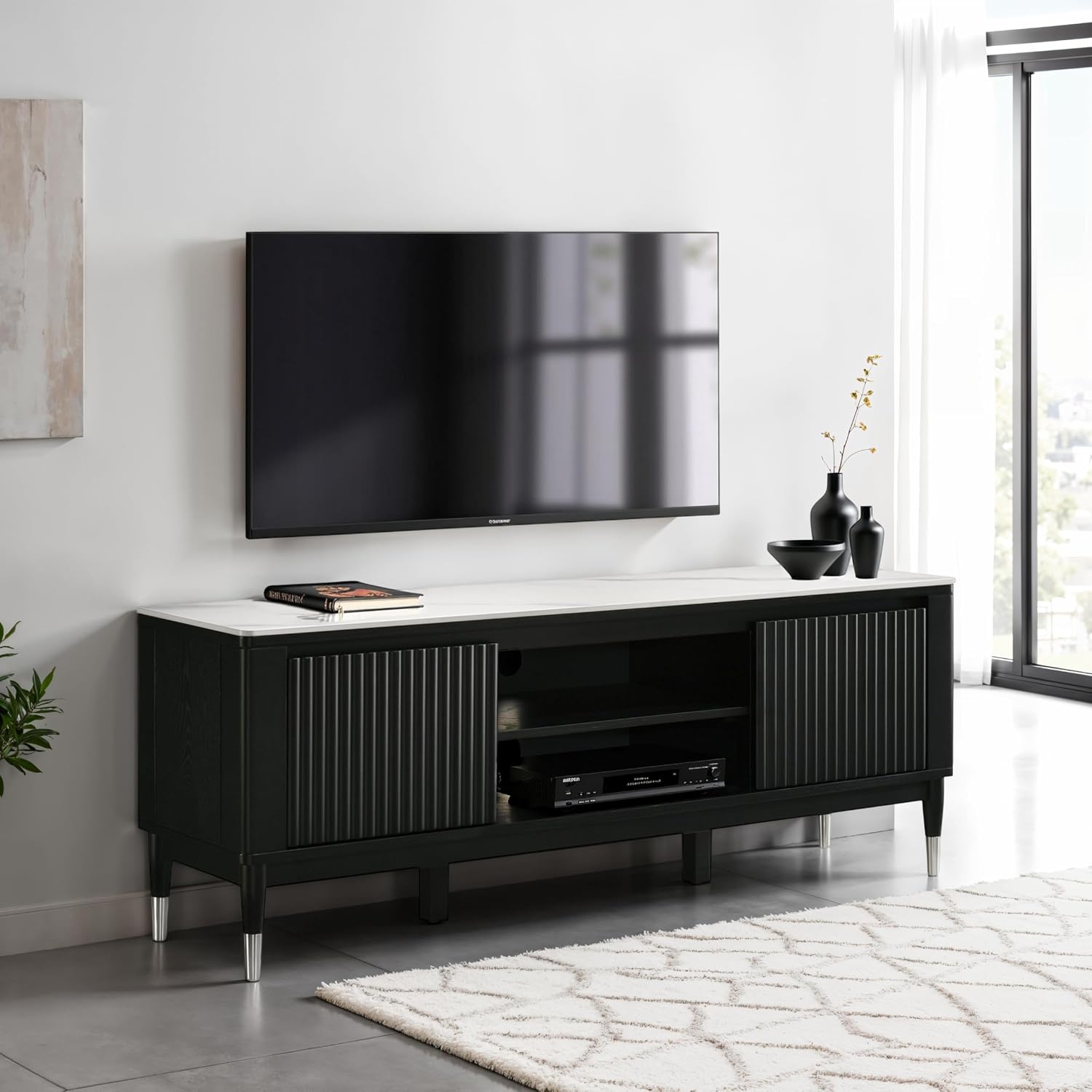 Furniture of America Miranda Modern Solid Wood 71-inch TV Stand with Sintered Stone Top, Reeded Front Panels, Open Shelf, Cable Management for Living Room, Black and White