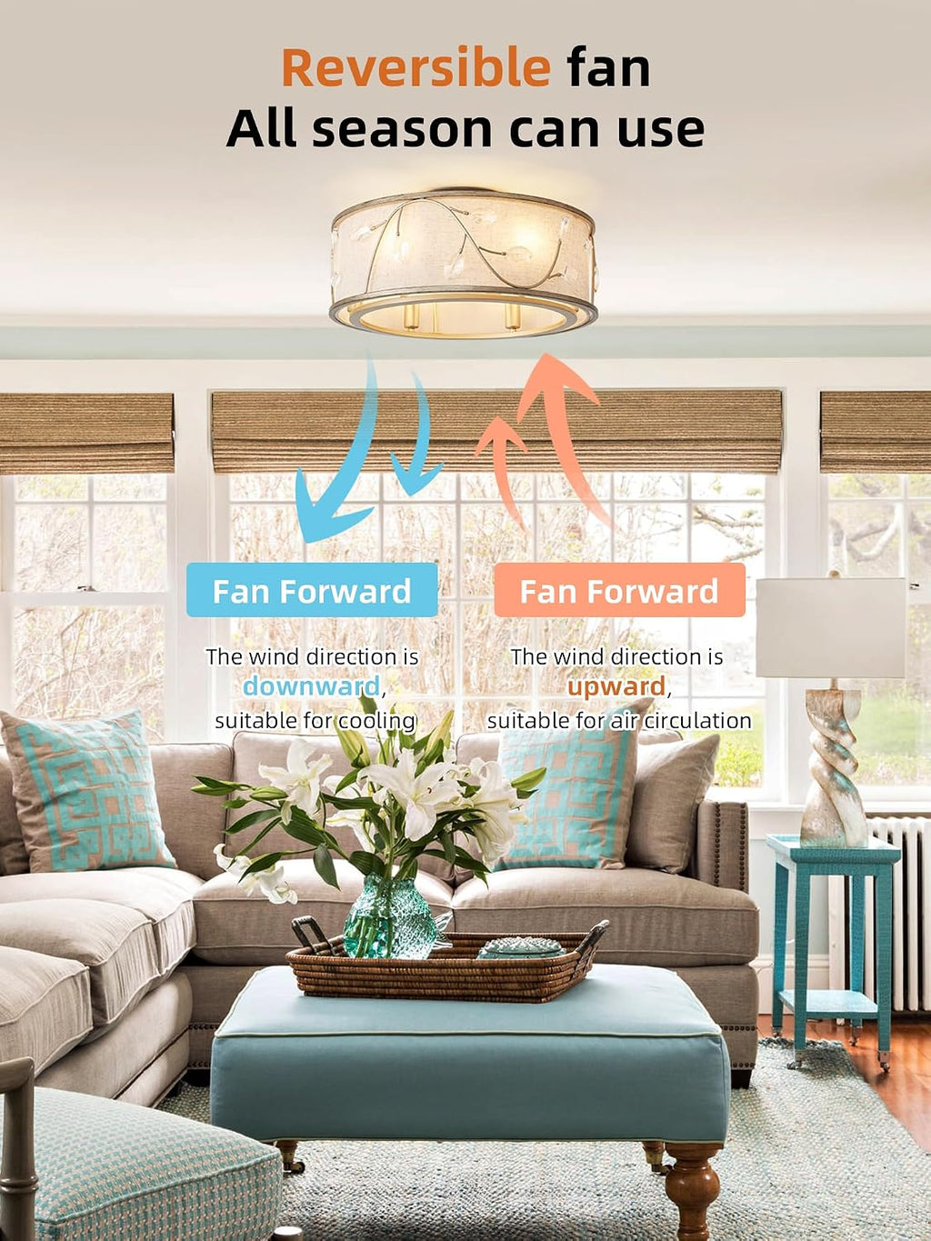 Gold Flush Mount Crystal Ceiling Fan with Lights, 20' Caged Retro Ceiling Fans Remote Control, Bladeless 6 Speeds for Living Room, Bedroom, Nursery (Including 6 E12 Bulb)