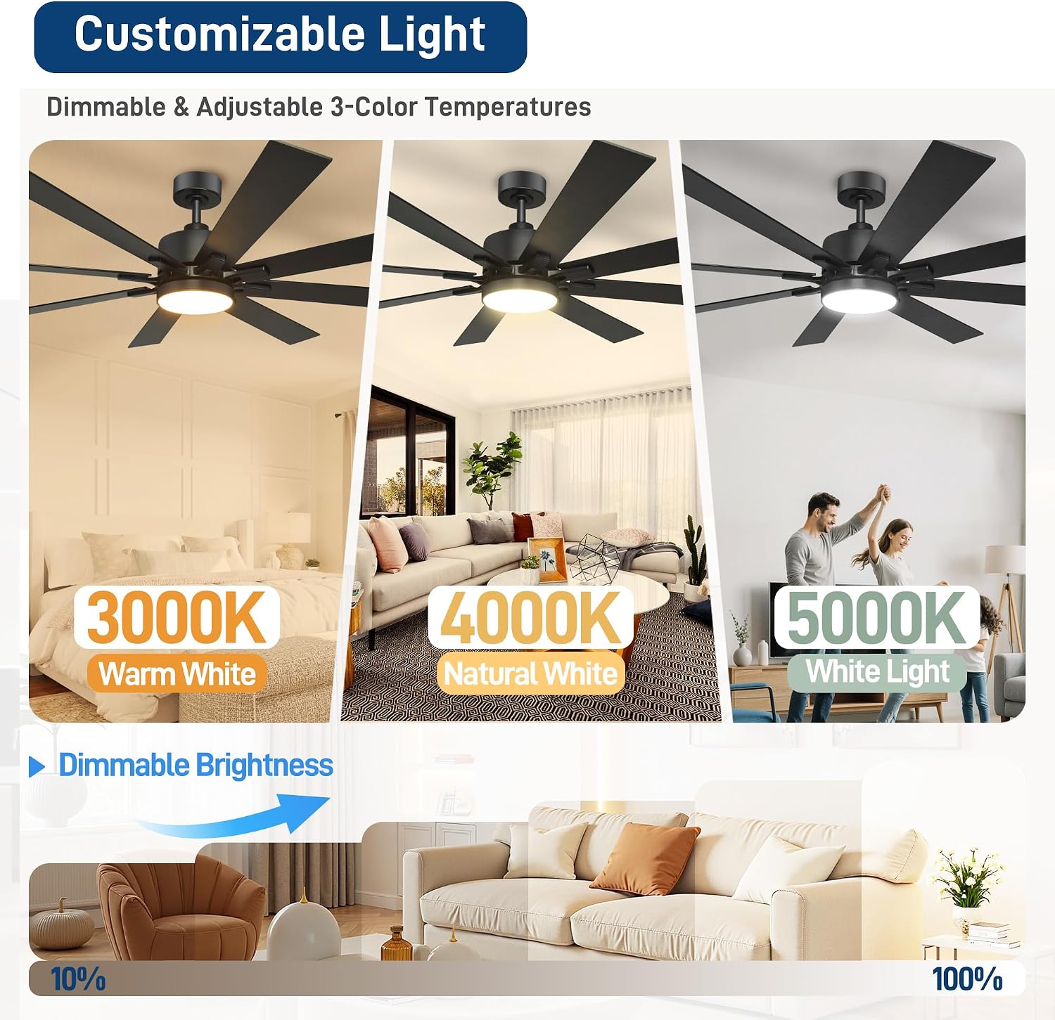 72 Inch Ceiling Fans with Lights and Remote Control, Low Profile & Downrod Mount 8-Blade Modern Black Ceiling Fan, 3CCT Dimmable LED Light, Quiet DC Motor for Bedroom Living Room, ETL Listed