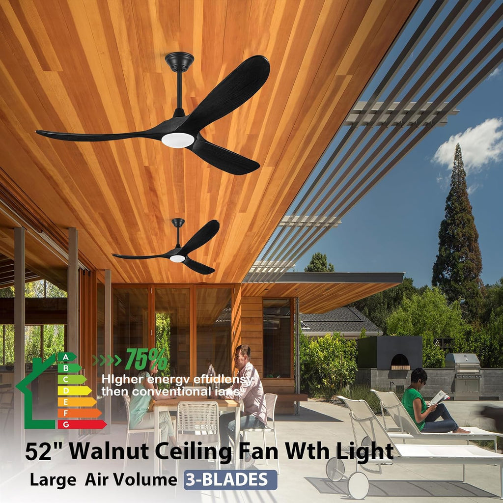 52 Inch Black Outdoor Ceiling Fans for Patios with Light, Modern Solid Wood Propeller Ceiling Fan with Remote, Energy Efficient Reversible Quiet Dc Motor for Bedroom Living Room Exterior
