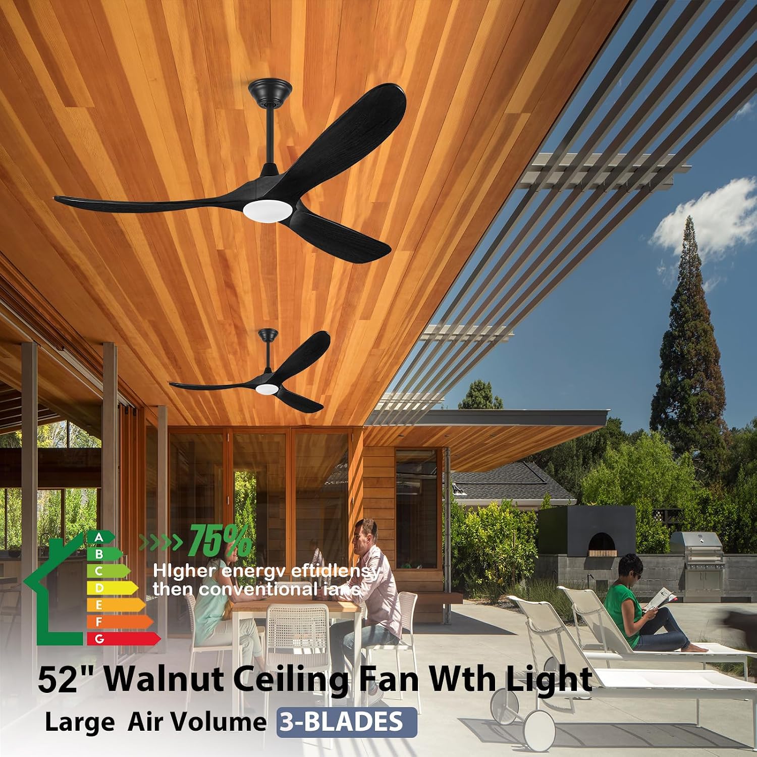 52 Inch Black Outdoor Ceiling Fans for Patios with Light, Modern Solid Wood Propeller Ceiling Fan with Remote, Energy Efficient Reversible Quiet Dc Motor for Bedroom Living Room Exterior