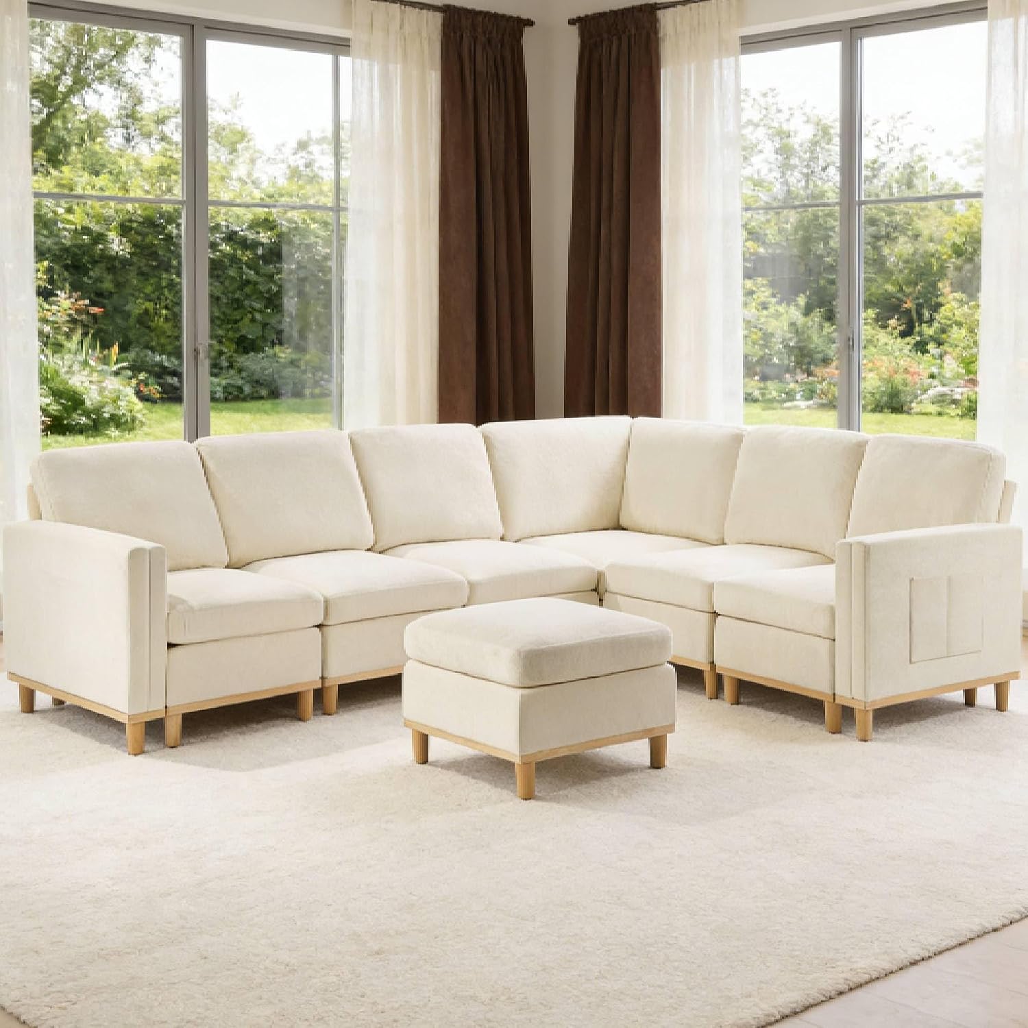 KEIKI 110' Modular Sectional Sofa for Living Room, Convertible 6 Seat Cloud Couch with Soft Fabric Padding, Reconfigurable Furniture for Open Concept Space, Bright Modern Home, White