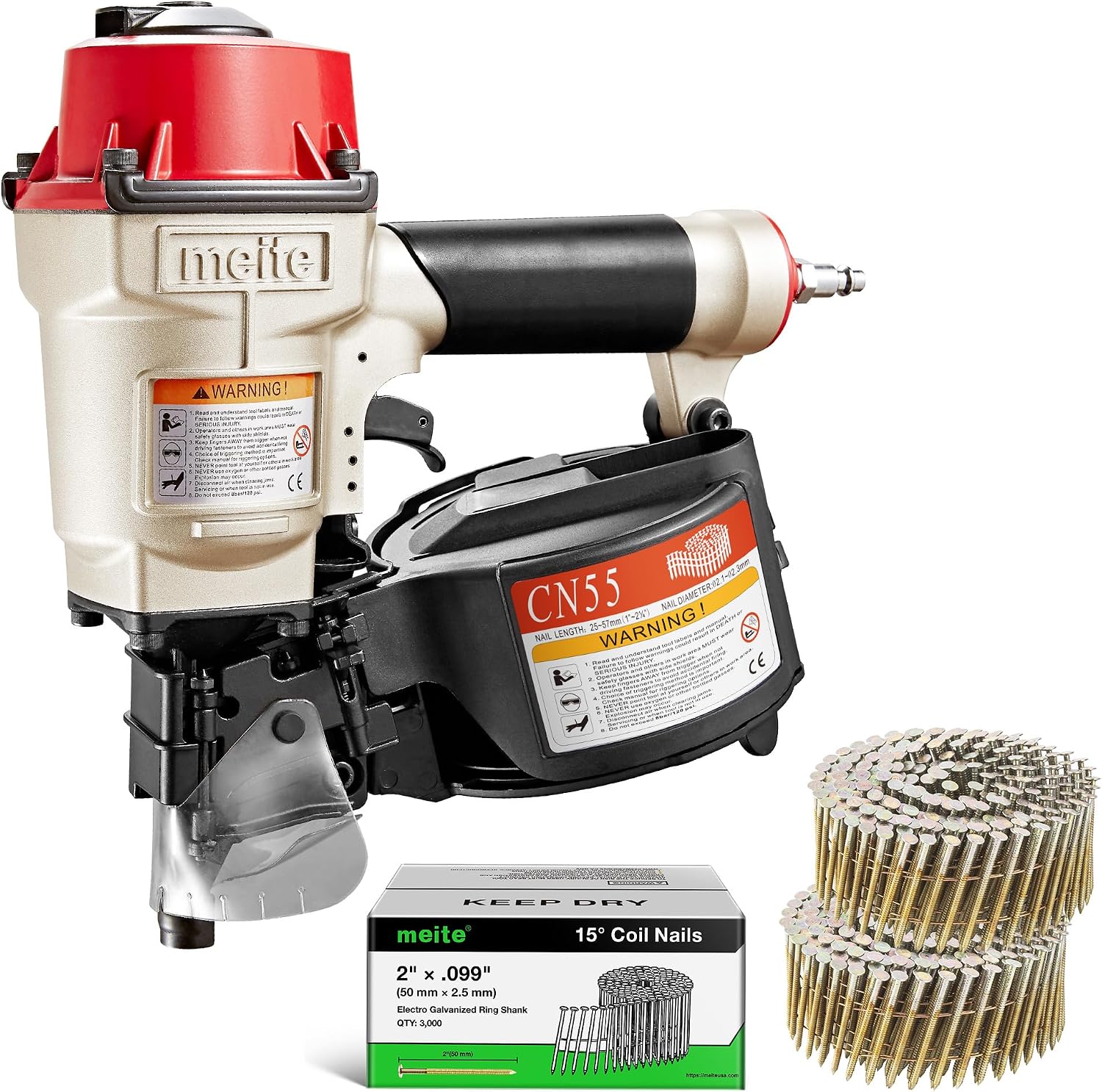 meite CN55 Pneumatic Coil Nailer with 15 Degree Siding Nails 2' × .099'' - Air Coil Nail Gun with 400PCS Magazine, 360° Adjustable Exhaust for Framing Sheathing Pallets Hardwood Projects