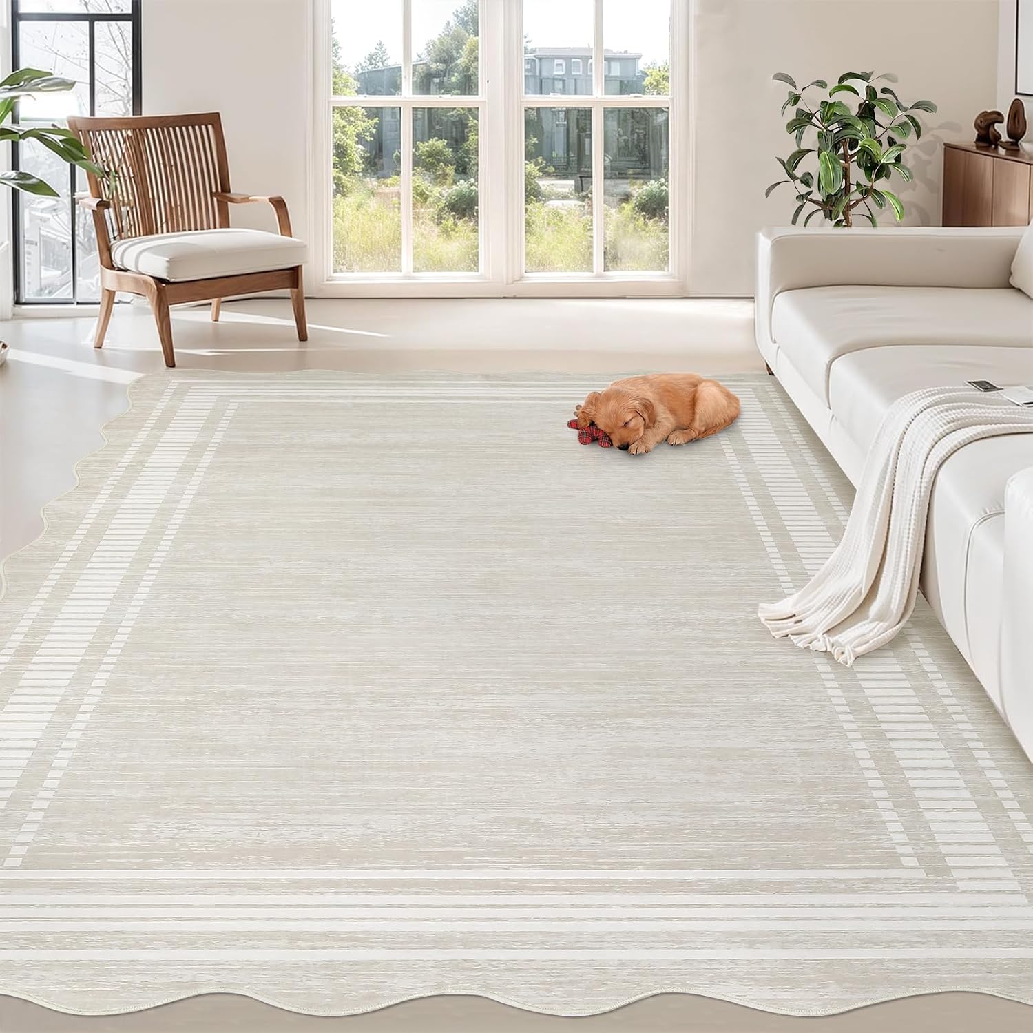 GarveeHome Washable Scalloped Rug 10x13 Area Rugs, Modern Neutral Living Room Rugs, Large Washable Solid Farmhouse Carpet Abstract Bordered Carpet for Bedroom Apartment Table Dorm Nursery, Cream