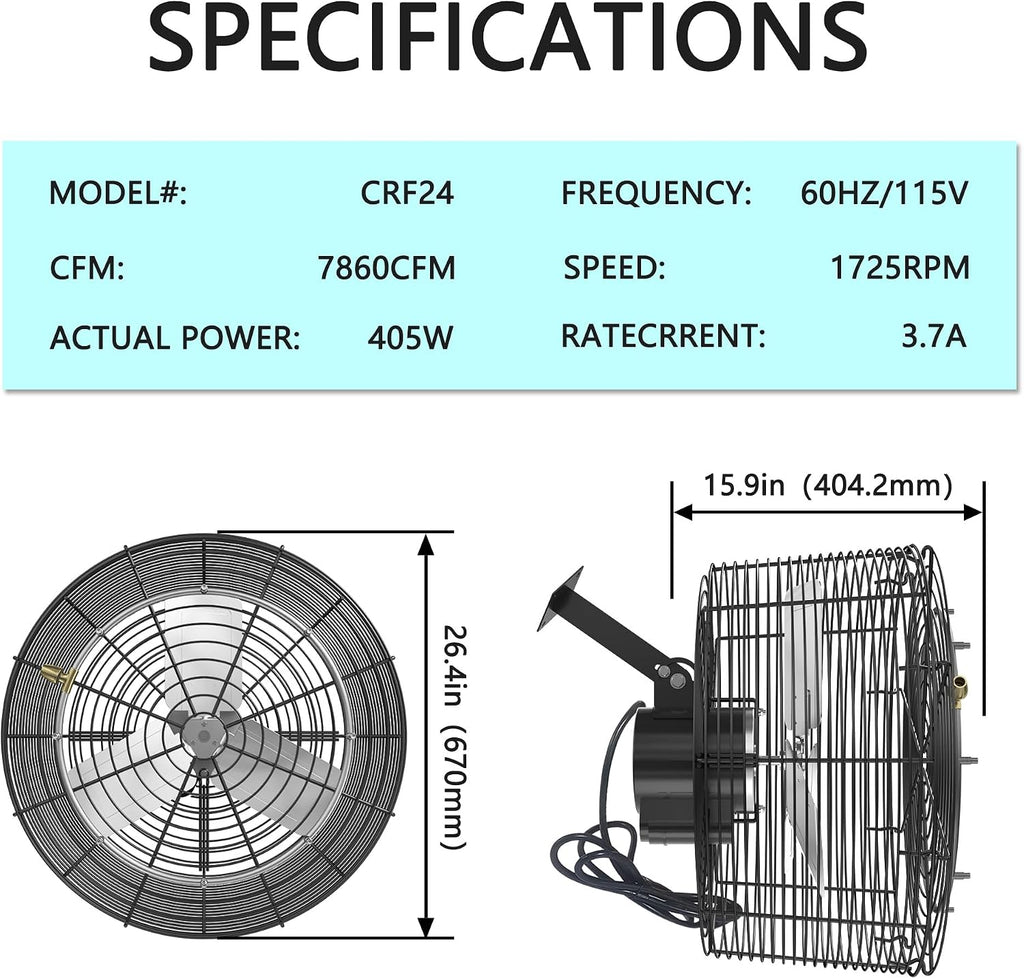 Greenhouse Air Circulation Fan with Mist and Water Pipe 1/2HP 115V Ceiling Wall Mount Fan High Speed Circulation for Greenhouse, Warehouse, Patio, Garage 7860CFM, 20000BTU, ETL Listed
