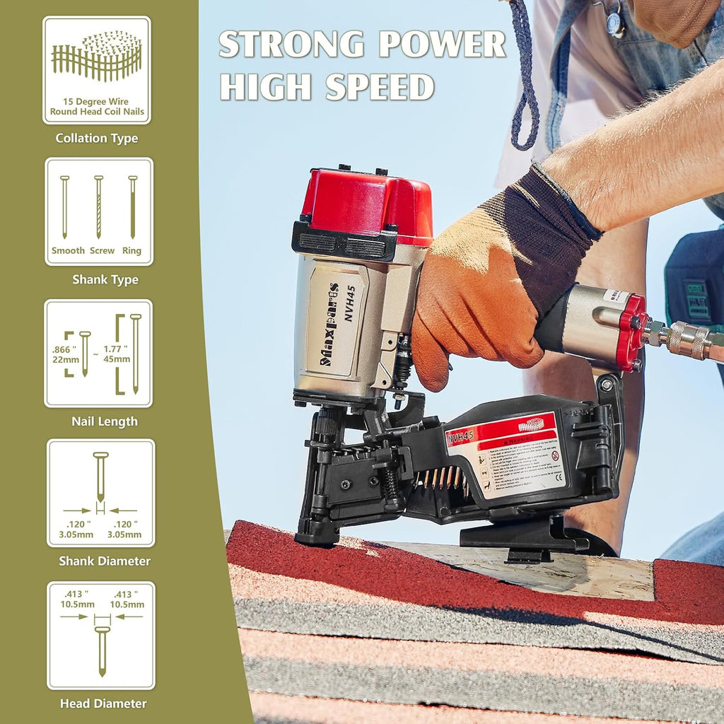 Maxparts NVH45 15 Degree Roofing Nail Gun for Wooden House Roof Building 7/8-Inch to 1-3/4-Inch Round Head Coil Nails