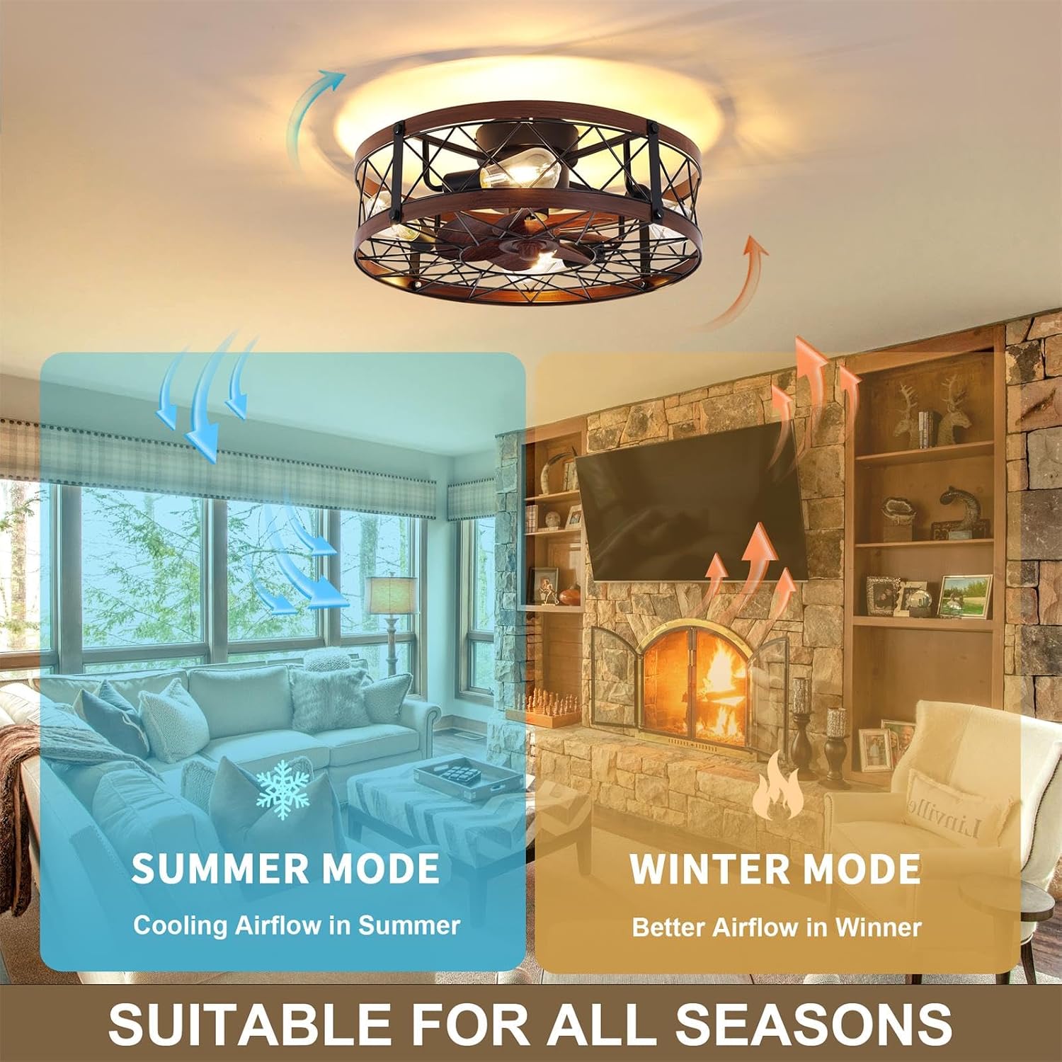24' Farmhouse Flush Mount Caged Ceiling Fans with Lights, Rustic Low Profile Ceiling Fan with Light and Remote, Quiet Reversible DC Motor Bladeless Enclosed Ceiling Fan for Bedroom Dining Room Kitchen