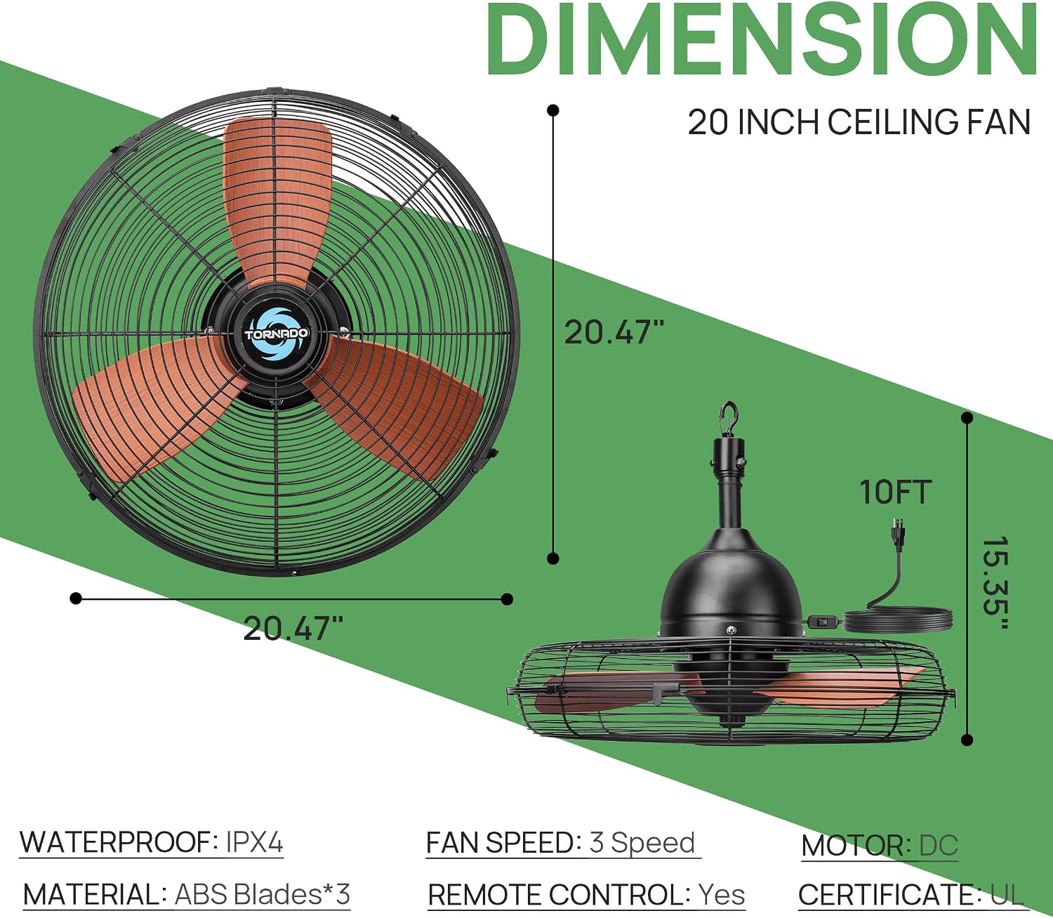 Outdoor Ceiling Fan for Patios, 20 Inch Gazebo Fan Waterproof Remote&Cord Control, 3 Speed, Low Noise, Plug in Ceiling Fan for Pergola, Porch, Gazebo, Patio (Brown)