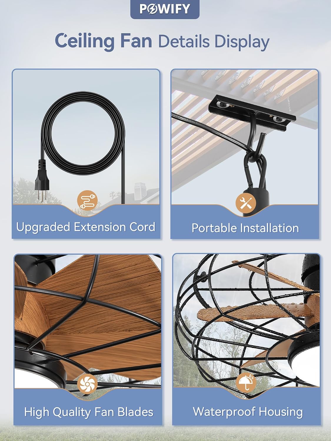 Outdoor Ceiling Fans with Lights for Patios,Plug in Gazebo Ceiling Fan with Remote Control,Waterproof Caged Hanging Fans with Hook 3CCT 6-Speed for Outside Porch
