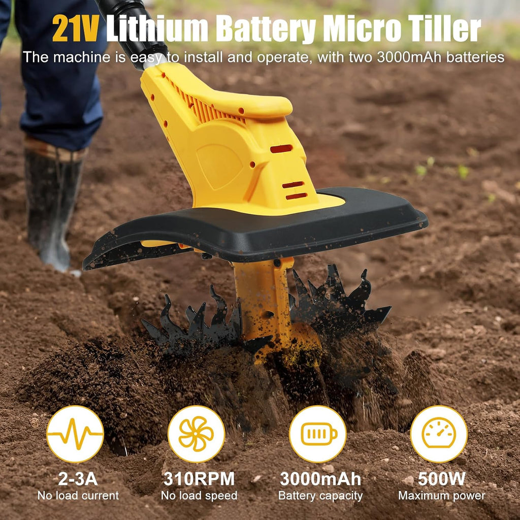 21V Cordless Tiller Cultivator, 310RPM Battery Powered Garden Rototiller with 2 * 3000mAh Batteries & Charger, 9In Tilling Width & 6.6In Depth Electric Tiller for Lawn, Gardening, Soil Cultivation