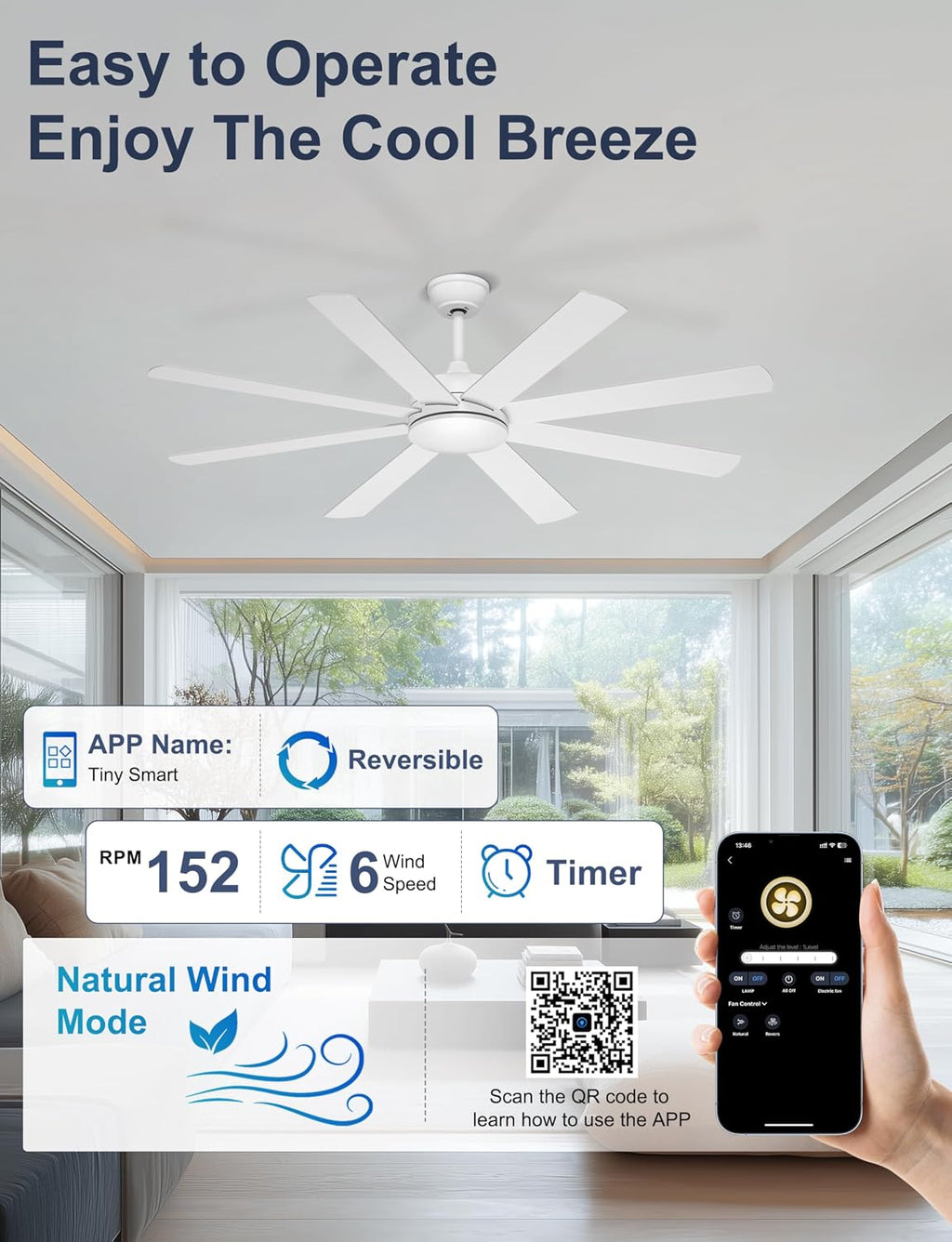 60 Inch Ceiling Fans Without Lights - 8 Blades White Ceiling Fan Remote/APP Control, Reversible Garage Ceiling Fan for Shop Living Rooms