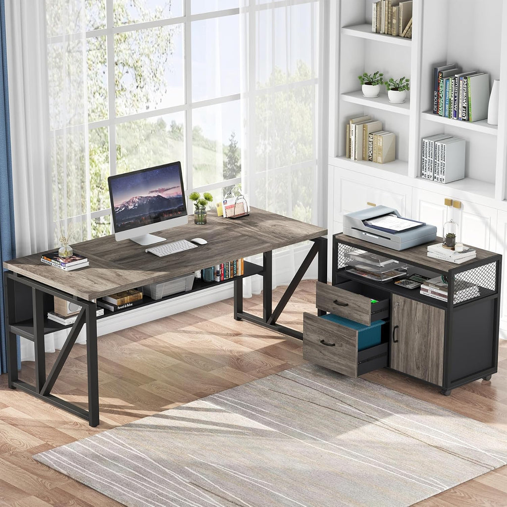 Tribesigns L Shaped Desk with Drawer Cabinet, 63' Executive Computer Desk and lateral File Cabinet, 2 Piece Home Office Furniture with Drawers for Hanging File, Doors with Locks (Gray, 63 inches)