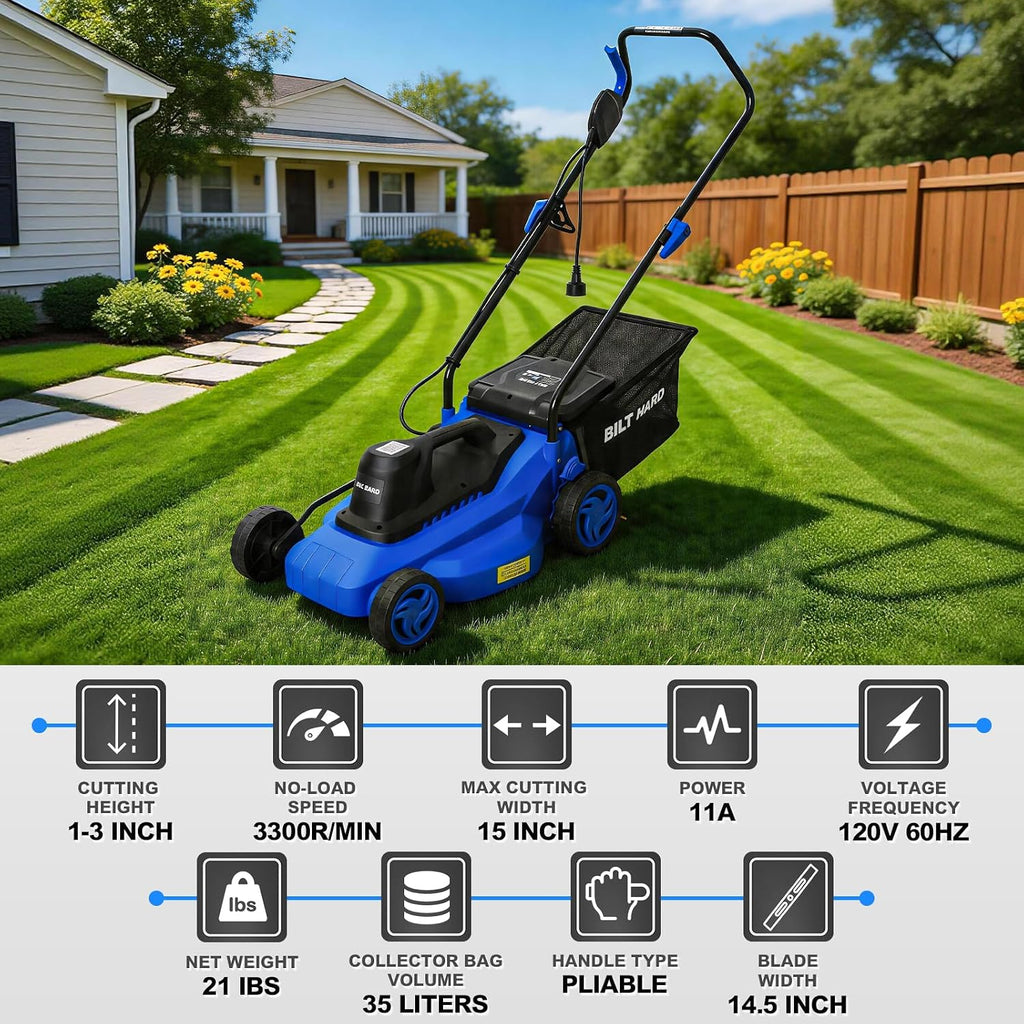 BILT HARD 15' Corded Electric Lawn Mower, 11A Motor 3300RPM Push Mower with 35L Grass Bag, 5 Height Adjustments (1'-3'), Lightweight & Foldable Handle for Small Yards