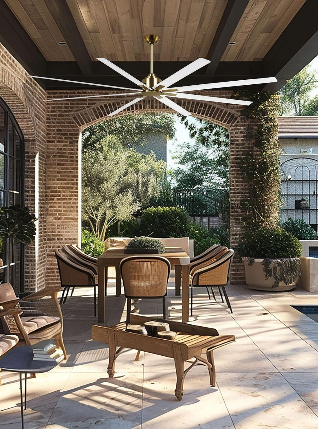 MINKA-AIRE F896-84-SBR/WHF Xtreme H2O 84 Inch DC Motor Outdoor Ceiling Fan with Remote Control in Soft Brass Finish with Flat White Blades