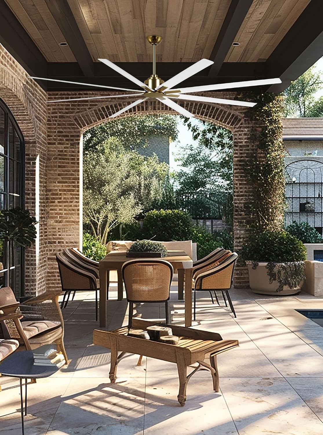 MINKA-AIRE F896-84-SBR/WHF Xtreme H2O 84 Inch DC Motor Outdoor Ceiling Fan with Remote Control in Soft Brass Finish with Flat White Blades
