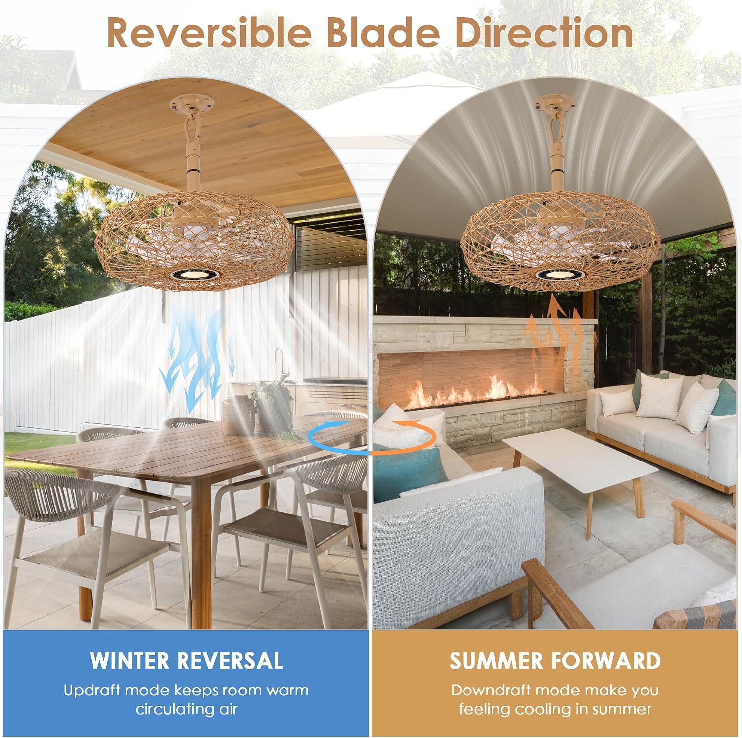 PAZALA 20' Outdoor Gazebo Fan with Light, Plug in Hanging Ceiling Fan for Covered Patio Pergola Porch, Remote & APP Control, 3CCT Dimmable LED, 6-Speed Reversible DC Motor, Brown Woven Caged Boho Fan