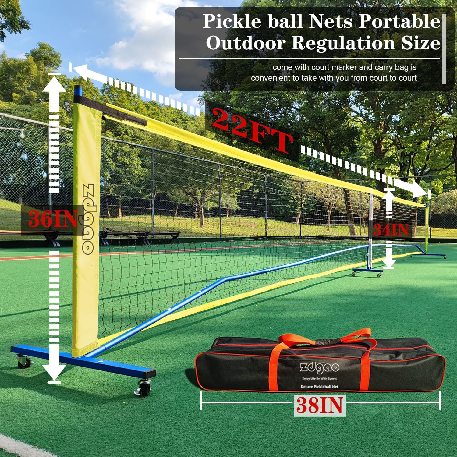 Zdgao Portable Pickleball Net with 4 Paddles Set for Indoor & Outdoor | 22 FT Regulation Size Net, Weather-Resistant Steel Frame, Outdoor Pickle balls, Easy Setup for Driveway, Backyard
