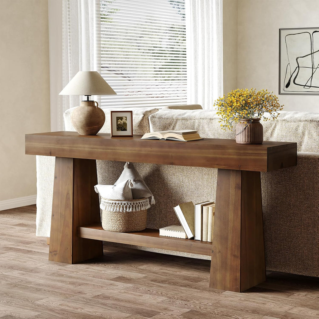 Solid Wood Console Table, 63-Inch Entryway Table with Storage, Long Wooden Sofa Table Behind Couch for Entryway, Hallway, Foyer, Living Room, Brown Wood