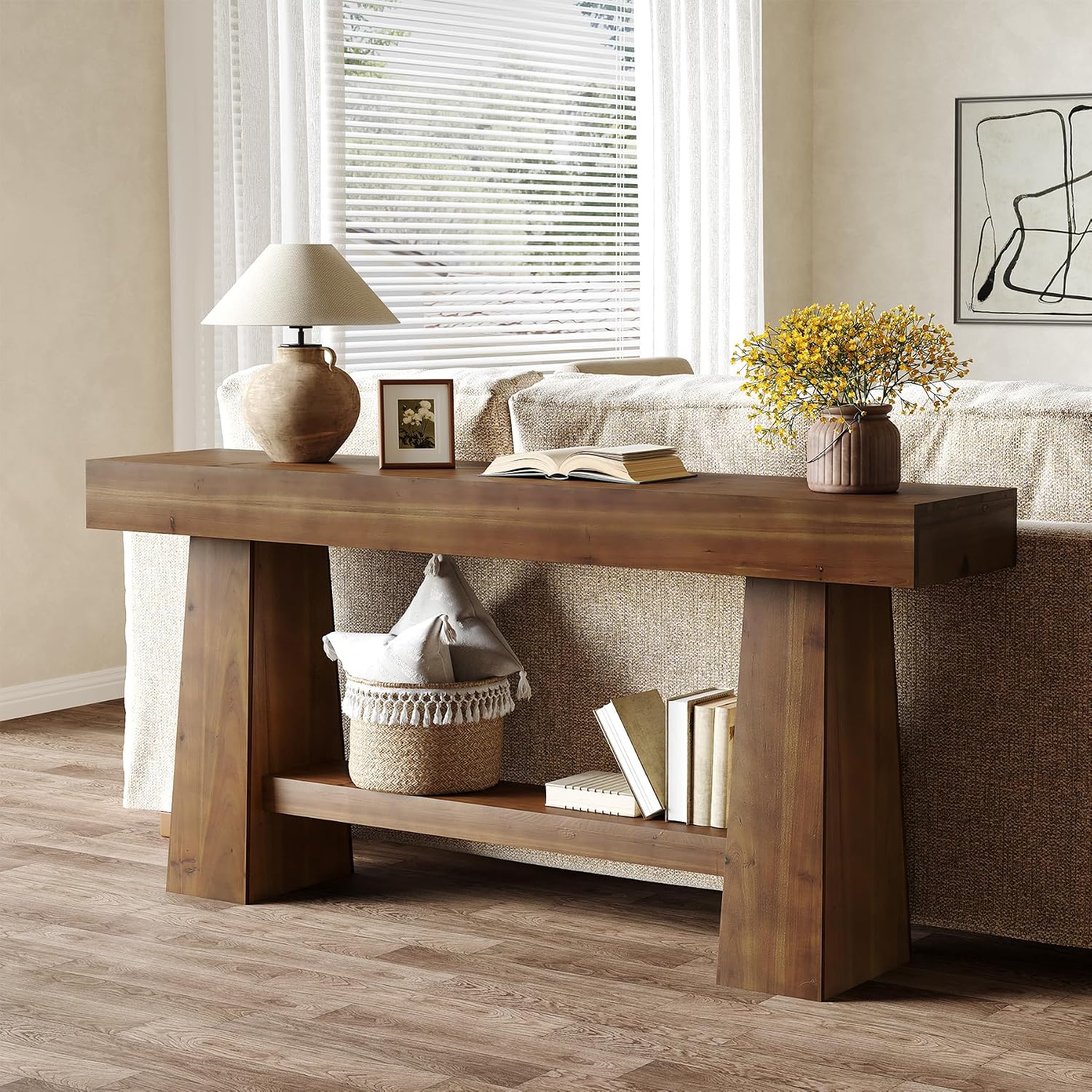 Solid Wood Console Table, 63-Inch Entryway Table with Storage, Long Wooden Sofa Table Behind Couch for Entryway, Hallway, Foyer, Living Room, Brown Wood