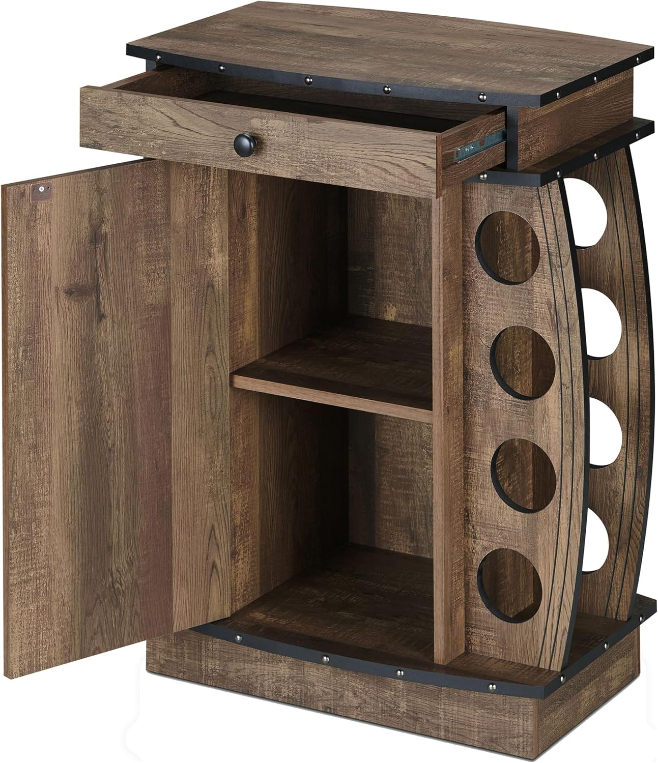 24/7 Shop at Home Delia Vintage 8 Bottle Small Wine Cabinet with Storage, Indoor Home Bar Furniture, Glass Holder, Drawer, Adjustable Shelf for Kitchen, Living Room, Apartment, Dining Room, Oak Brown
