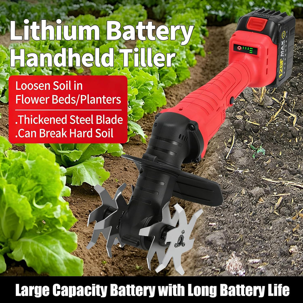 Cordless Garden Soil Tiller Cultivator, 21vHandheld Electric Tiller，Rapid Cultivation of Farmland，10cm Tilling Width,12cm Depth, 3-Speed Adjustment, for Loosening Weeding