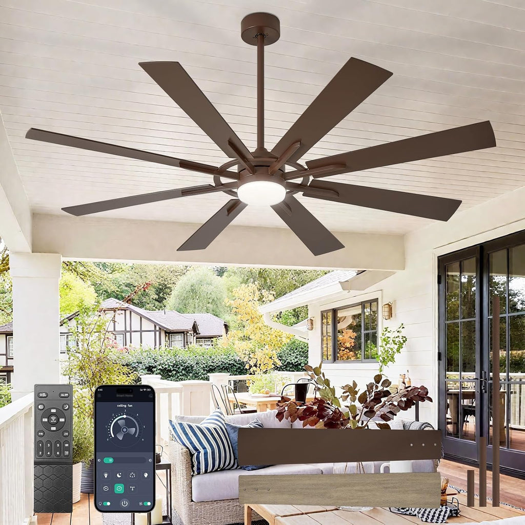 Large Ceiling Fans with Lights: Modern 66 Inch 8 Blade Outdoor Ceiling Fan with Remote APP Control - Dimmable Brown Big Fan light Indoor Reversible 6 Speed Quiet DC Motor