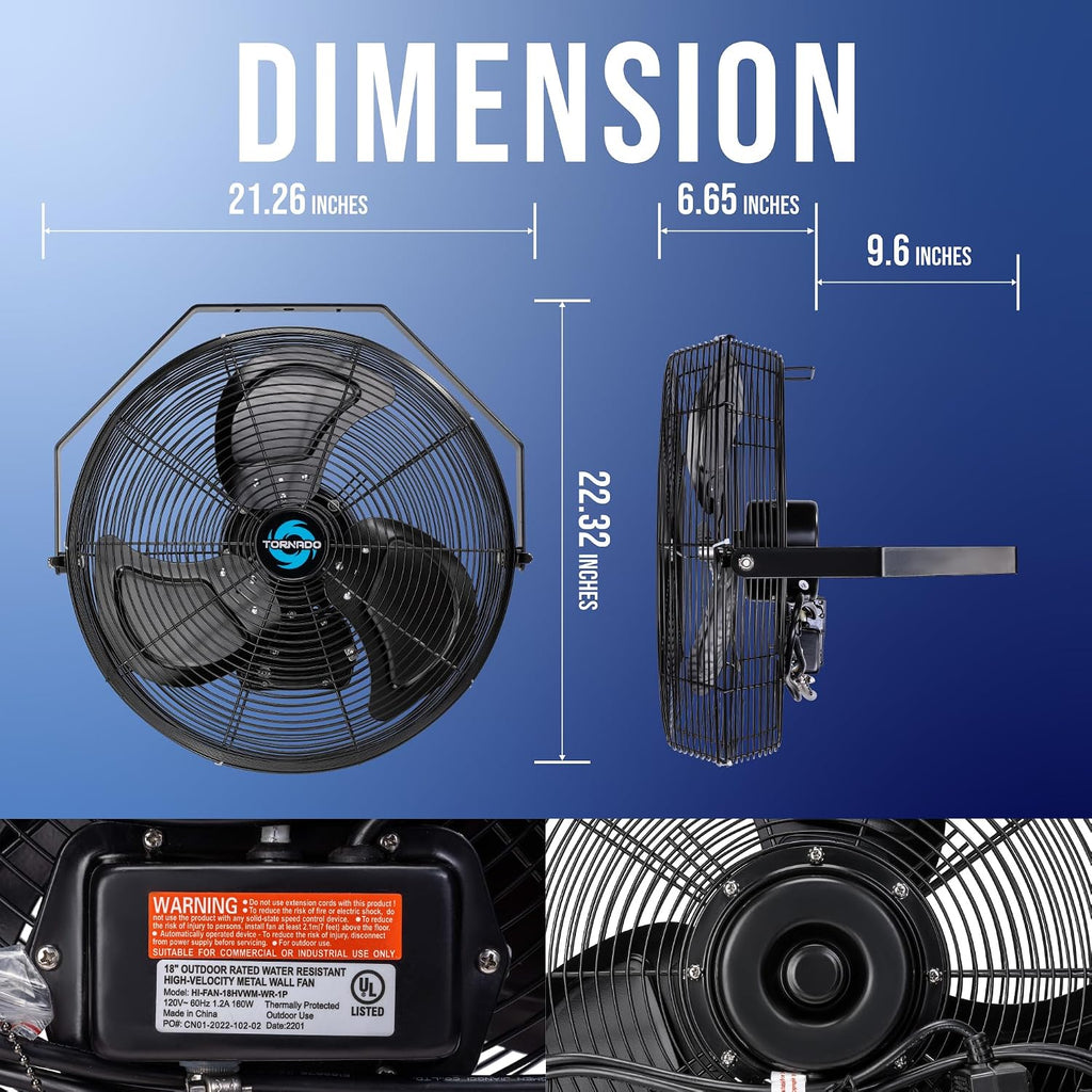Tornado 18 Inch Outdoor IPX4 Water-Resistant Wall Mounted Fan, 3 Speed High Velocity Metal Industrial Wall Fan For Commercial, Residential and Greenhouse, 1/6 HP 6.6 FT Cord UL Safety Listed, Black