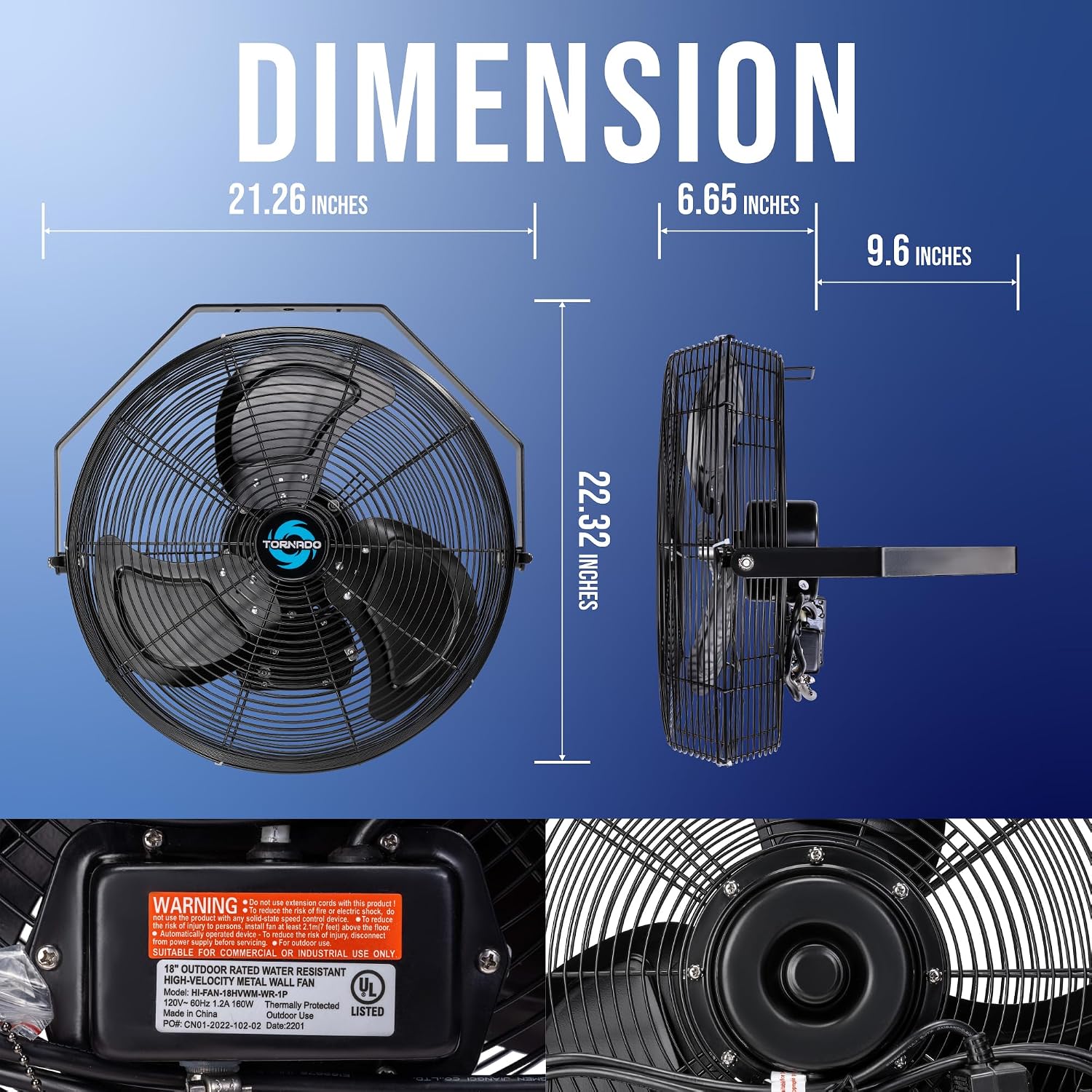 Tornado 18 Inch Outdoor IPX4 Water-Resistant Wall Mounted Fan, 3 Speed High Velocity Metal Industrial Wall Fan For Commercial, Residential and Greenhouse, 1/6 HP 6.6 FT Cord UL Safety Listed, Black