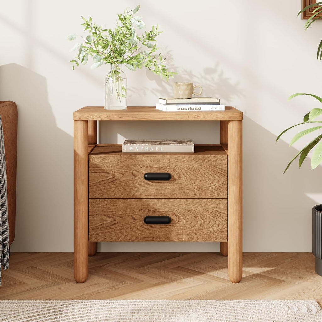 Christopher Knight Home Delwyn Modern Nightstand, Wooden Small Night Stand with Drawers and Open Storage Shelf, Bedside Table/End Table with Rounded Legs, Multipurpose Storage Cabinet, Natural