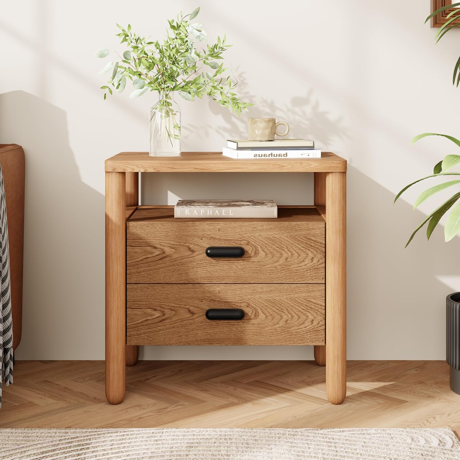 Christopher Knight Home Delwyn Modern Nightstand, Wooden Small Night Stand with Drawers and Open Storage Shelf, Bedside Table/End Table with Rounded Legs, Multipurpose Storage Cabinet, Natural