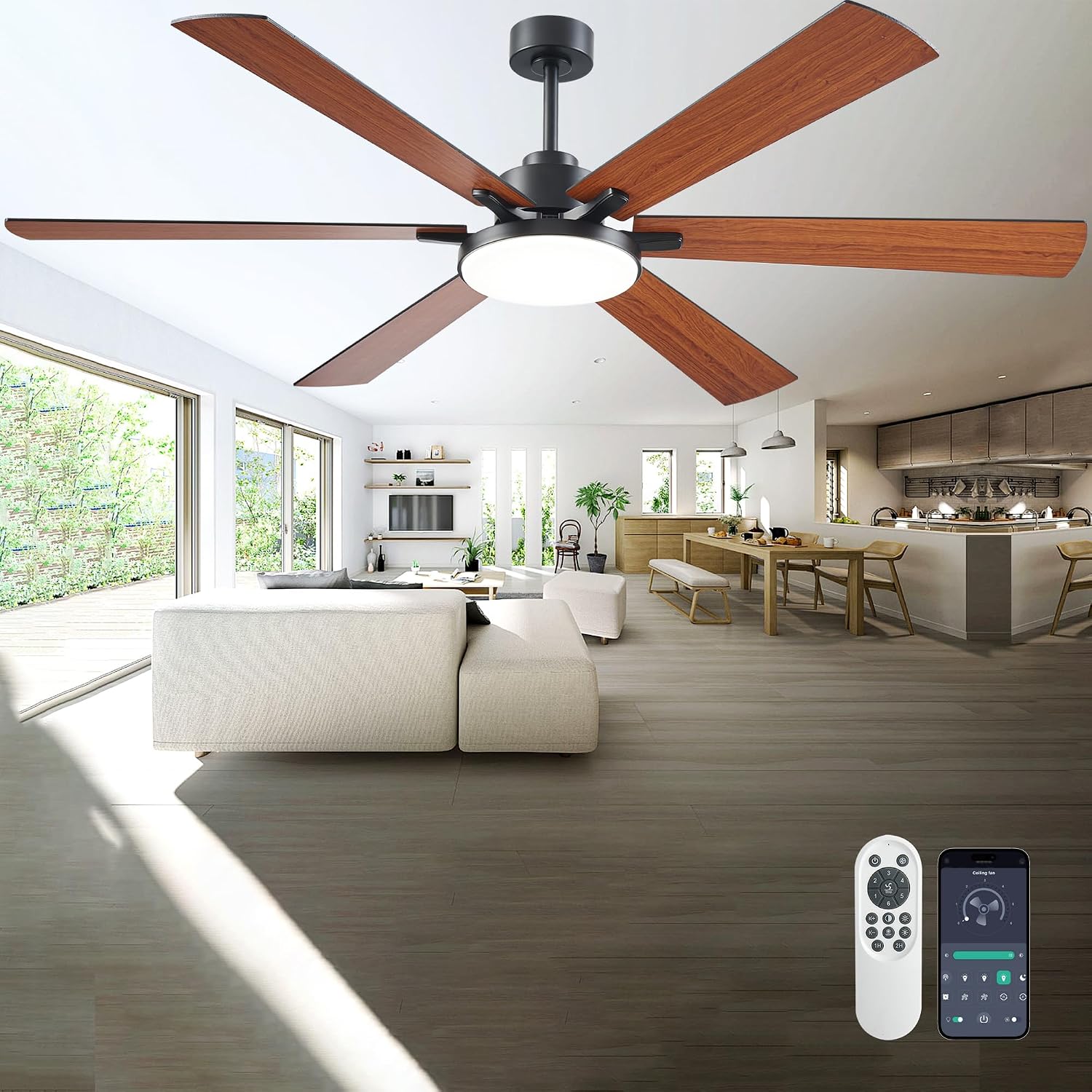 DIAMONDFORGE 72 inch Ceiling Fans with Lights and Remote Control,Indoor Outdoor/Flush Mount Low Profile Commercial Reversible Dimmable Ceiling Fans for Living Room Patio Industrial Shop Wood Grain