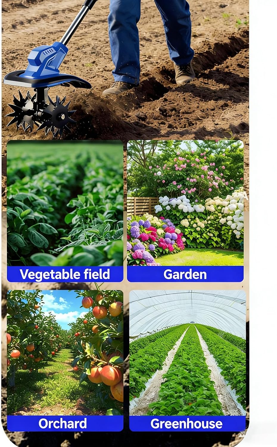 3-in-1 Soil Tiller,Electric Garden Rotavator ，With2 X 2600mahBattery, 4 Steel Blades, Foldable Cultivator Tool for Weeding and Loosening