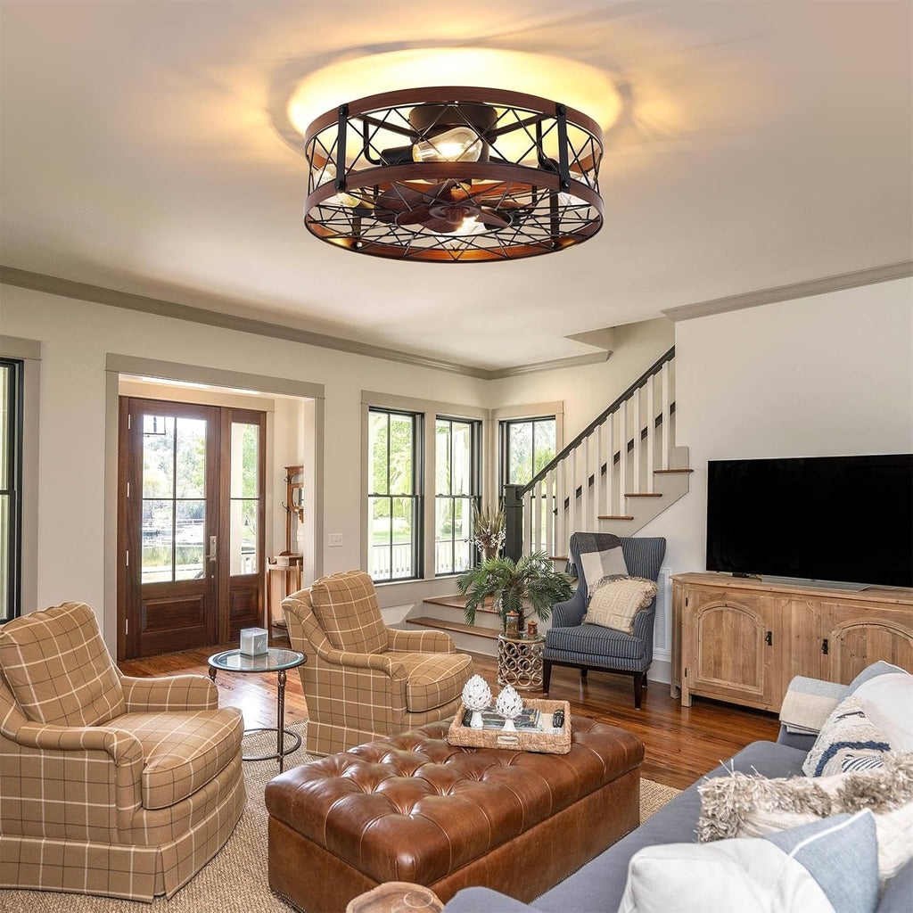 24' Farmhouse Flush Mount Caged Ceiling Fans with Lights, Rustic Low Profile Ceiling Fan with Light and Remote, Quiet Reversible DC Motor Bladeless Enclosed Ceiling Fan for Bedroom Dining Room Kitchen