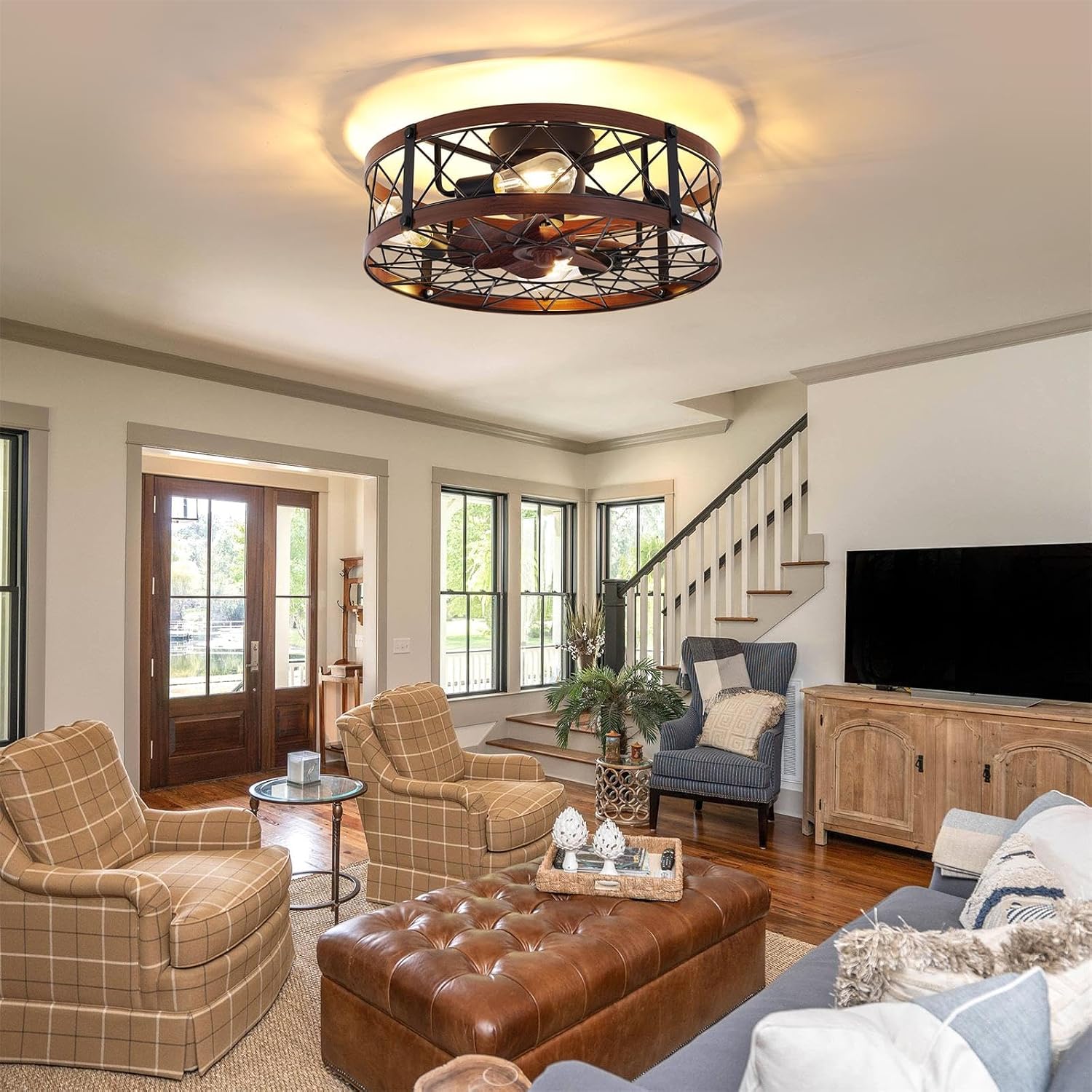 24' Farmhouse Flush Mount Caged Ceiling Fans with Lights, Rustic Low Profile Ceiling Fan with Light and Remote, Quiet Reversible DC Motor Bladeless Enclosed Ceiling Fan for Bedroom Dining Room Kitchen