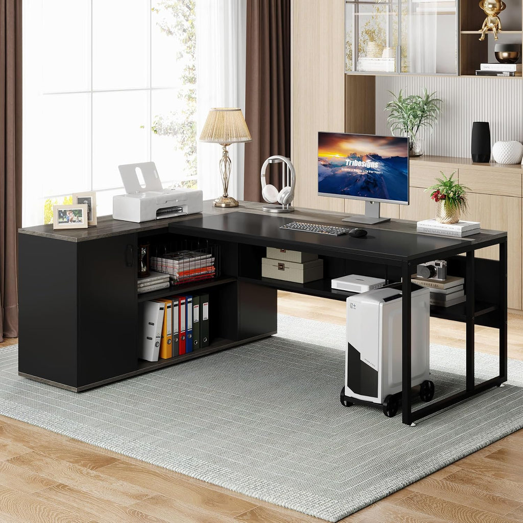 LITTLE TREE Large Executive Desk with File Cabinet, 71 inch L Shaped Computer Desk Office Desk with Drawers and Storage Shelves, Business Furniture Desk Workstation for Home Office, Grey