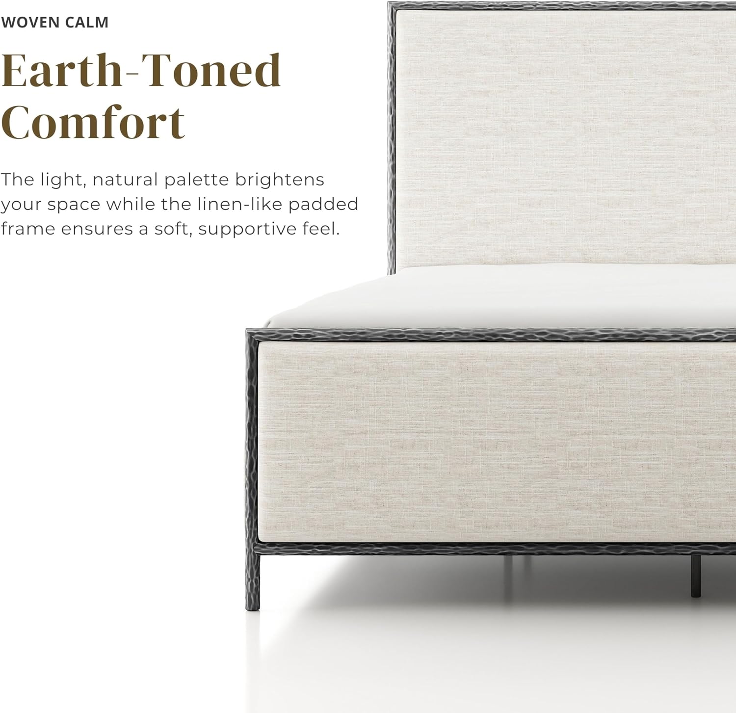 24/7 Shop at Home Lalia Hammered Metal 2-Piece Bedroom Collection, Upholstered Bed Frame with Beige Fabric Headboard, Forged Steel and 1-Shelf Nightstand, Foundation Required, Queen, Matte Grey