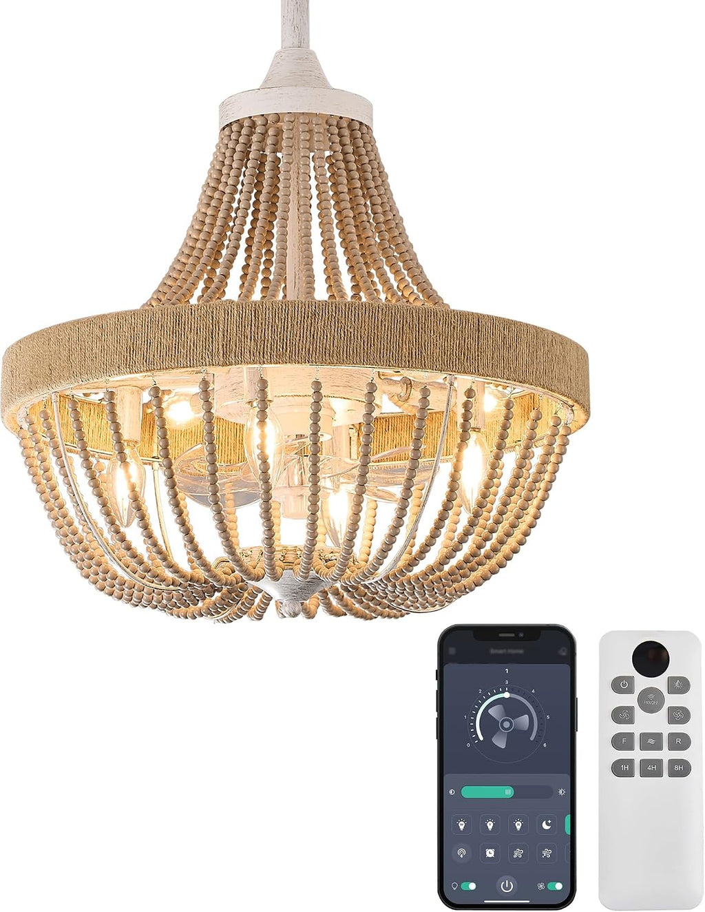 20' Rustic Beaded Chandelier Ceiling Fan with Lights, Remote & App Control, 6 Speed, 8-Lights Boho Fandelier, for Bedroom, Dining Room (Retro White)
