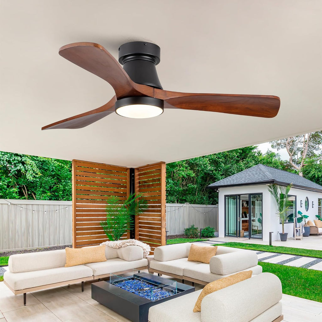 42 Inch Black Flush Mount Ceiling Fan with Light: Dimmable LED (3 Colors), Indoor,Outdoor Reversible DC Motor, 3 Solid Wood Blades for Bedroom, Patio.