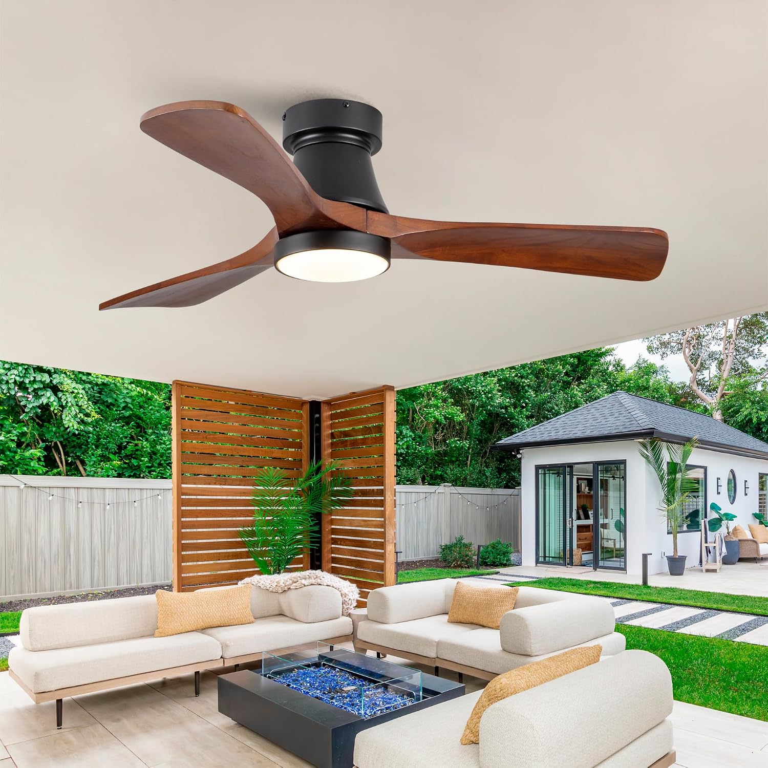 42 Inch Black Flush Mount Ceiling Fan with Light: Dimmable LED (3 Colors), Indoor,Outdoor Reversible DC Motor, 3 Solid Wood Blades for Bedroom, Patio.
