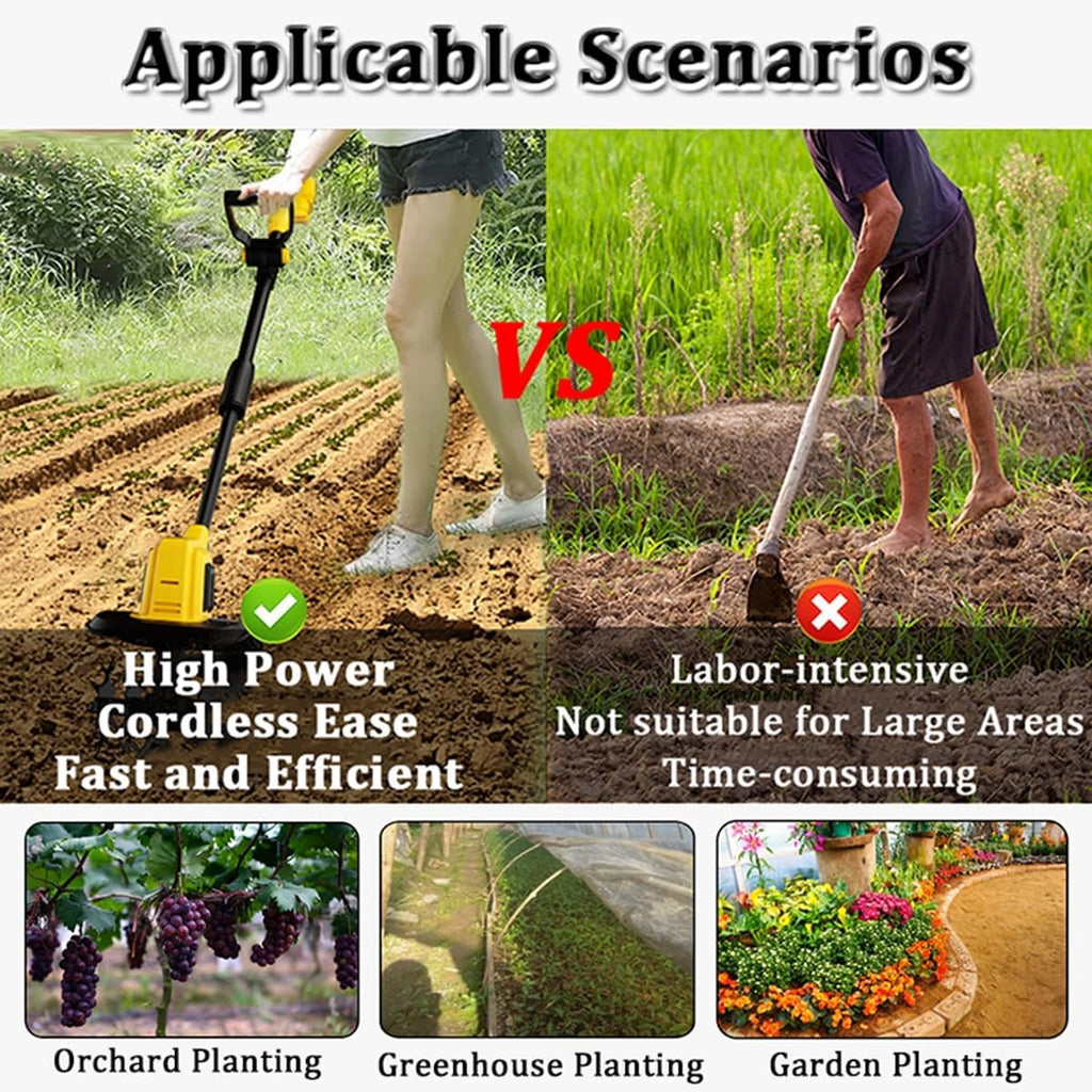 Portable Garden Cultivator Electric Cordless Tiller with 2×12Ah Rechargeable Battery for Gardens, Vegetable Patches, Orchard - 97-127cm Adjustable Rod