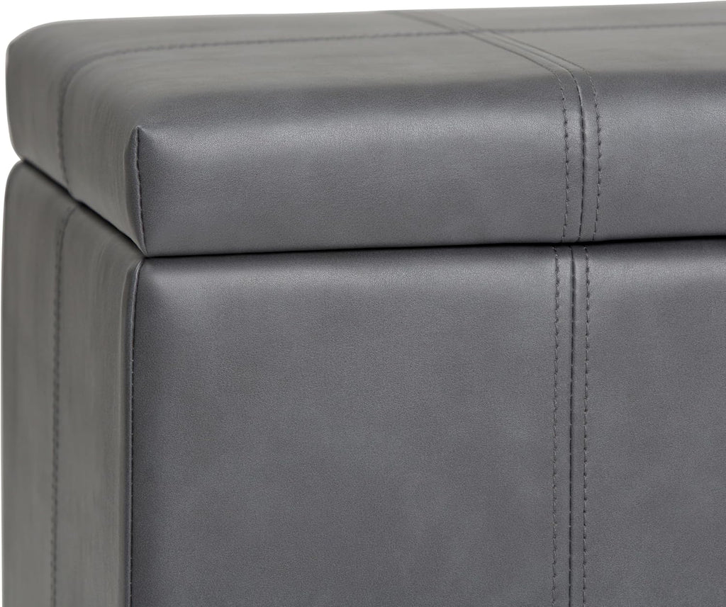 SIMPLIHOME Dover Storage Ottoman Bench - 36 inch Wide Upholstered Vegan Leather Rectangular Lift-Top Ottoman in Stone Grey, Contemporary Bench for Living Room with Safety Hinges