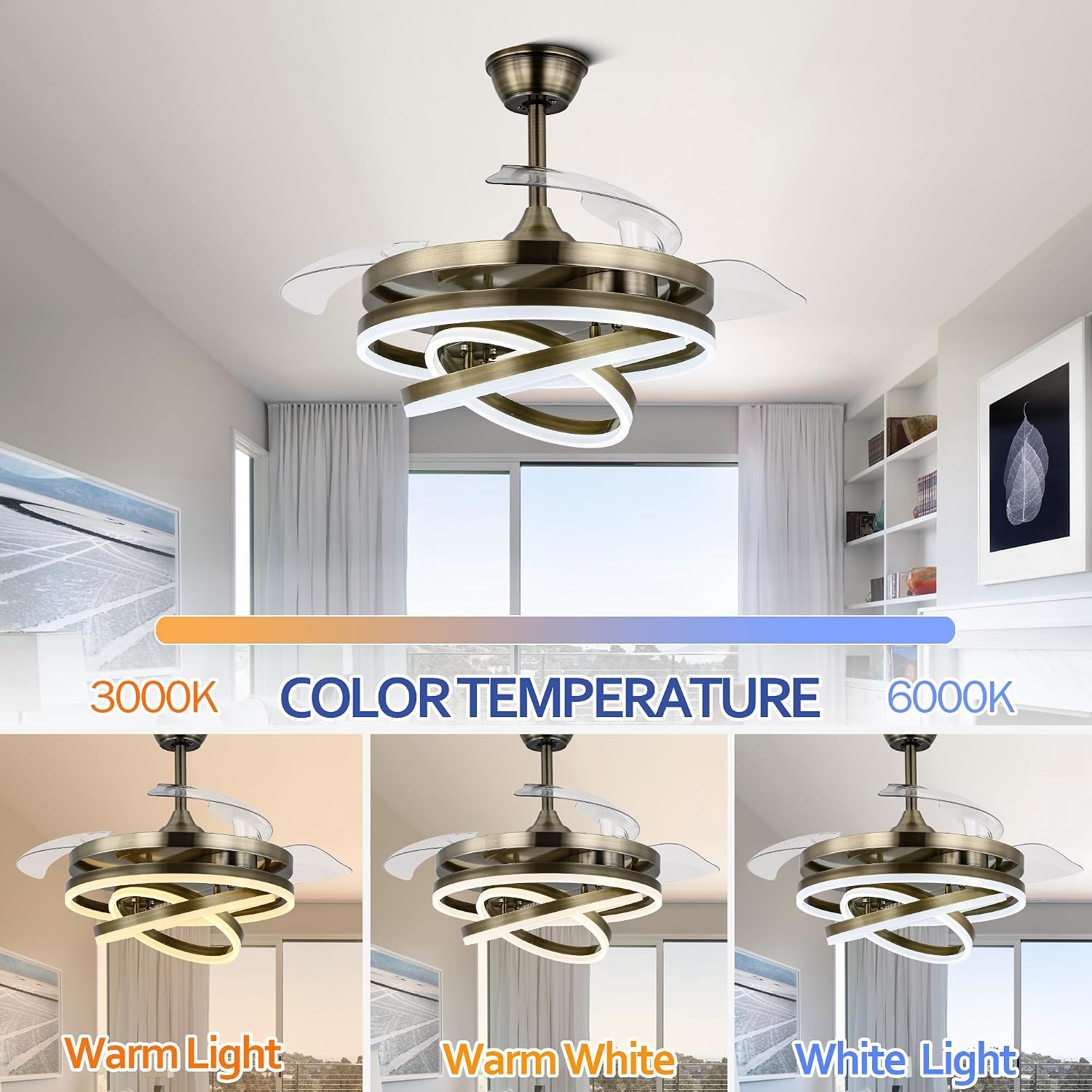 42' Retractable Fandelier Ceiling Fan with Lights Remote - Silent Dimmable Modern 6 Speed LED Chandelier Fan for Bedroom Living Room Kitchen